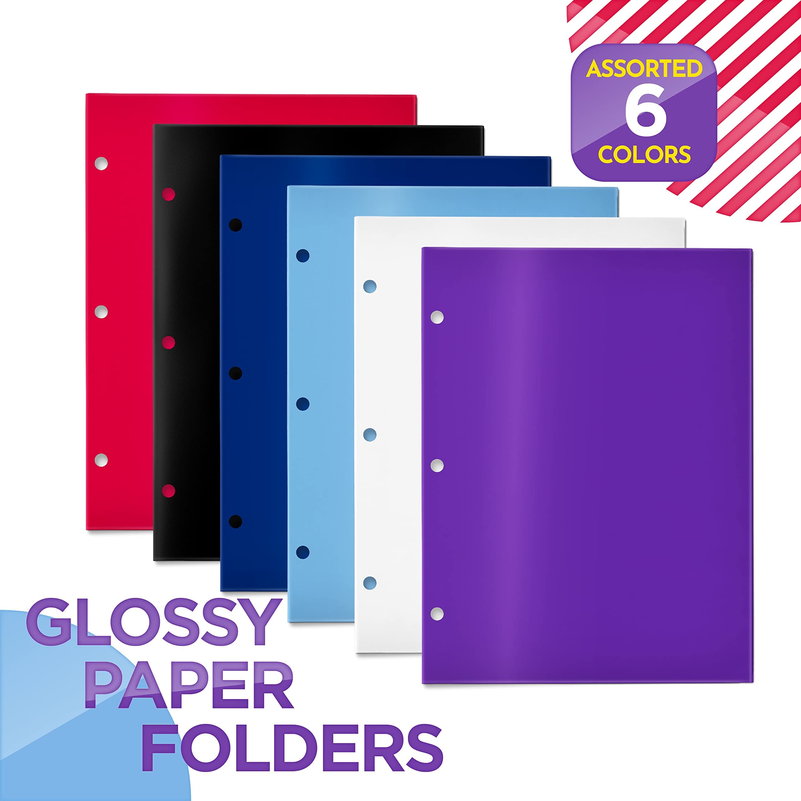 4 Pocket Glossy Laminated Paper Folders (6 Pack), 3 Hole Punch Portfolios, Assorted Colors, by Better Office Products (Primary Colors)
