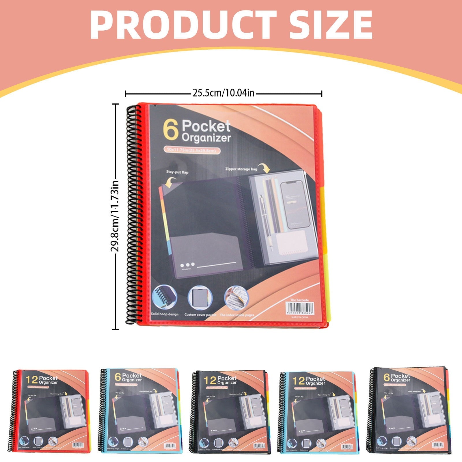 witspace 6/12 Pocket Poly Project Organizer, Round Tab Binder Organizer Spiral Project Folder Multi Pocket Folder Binder with Pockets Letter Size, Back Cover Utility Pouch, School Supplies