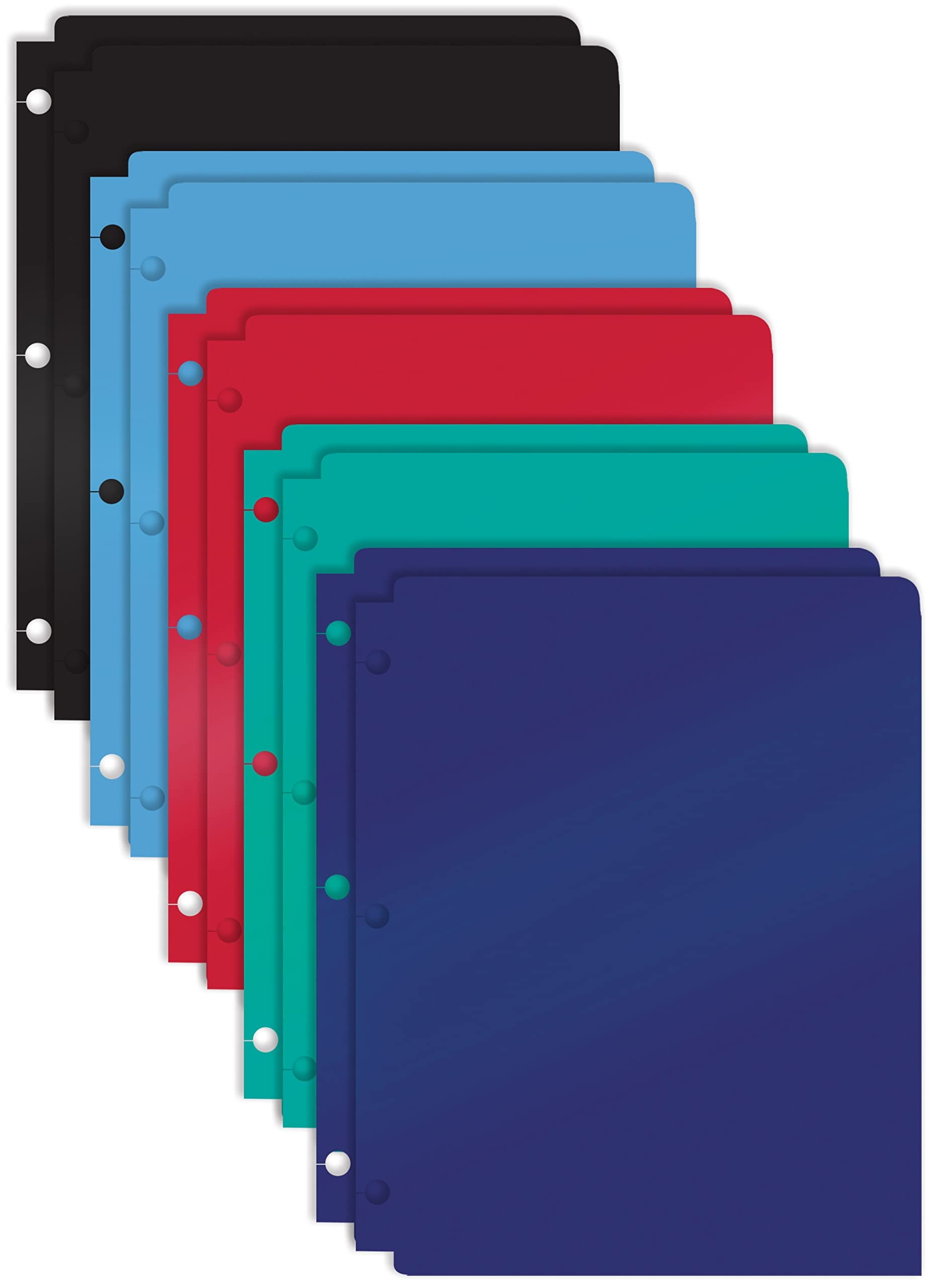 3 Hole Punch Pocket Folders, 10 Pack, Sturdy Plastic 2 Pocket Folders, Assorted Colors, Letter Size, Snap in Binder Folders with Business Card Slot, by Better Office Products, 10 Pack