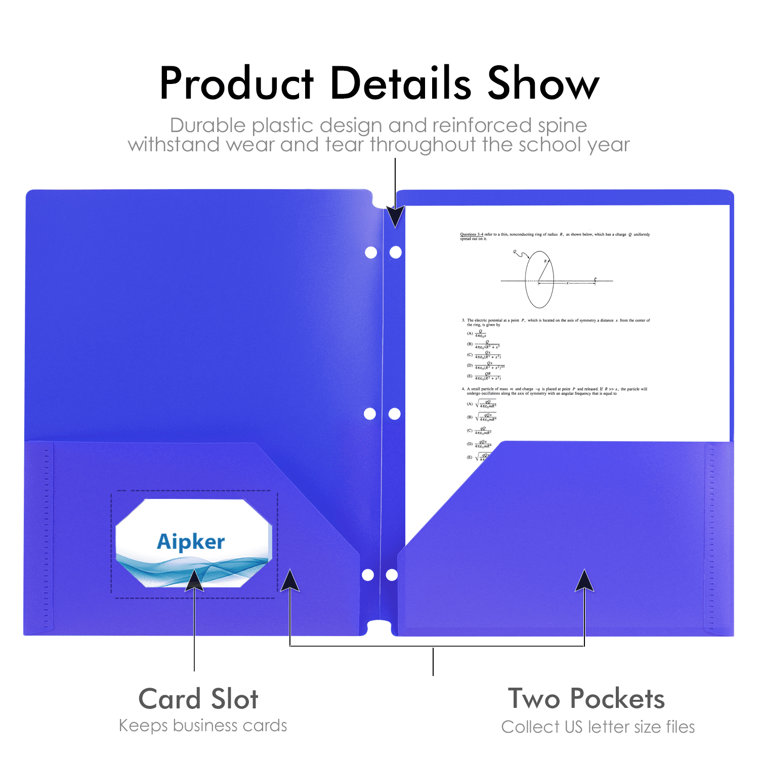7 Colorful Plastic Folders with 2 Pockets and 3 Holes  – Two Pocket Folder Set for School, Binder Use – With Card Slot, Durable Poly Material