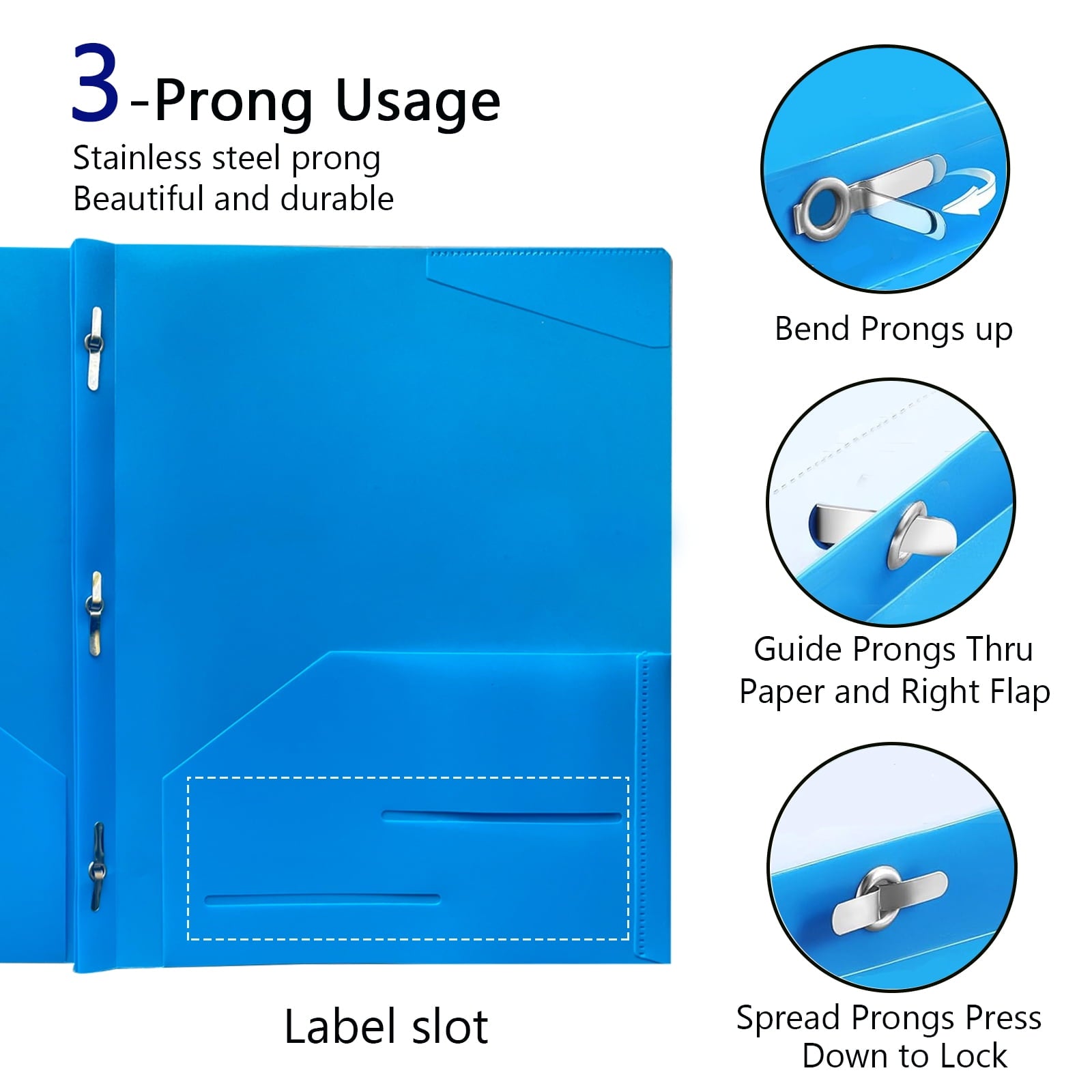 6 Pack Plastic Folders with Pockets and Prongs, 2 Pocket 3-Clasp Folders, Tear-Resistant, Long Lasting Acid-Free Poly, Use for School Office Home Business