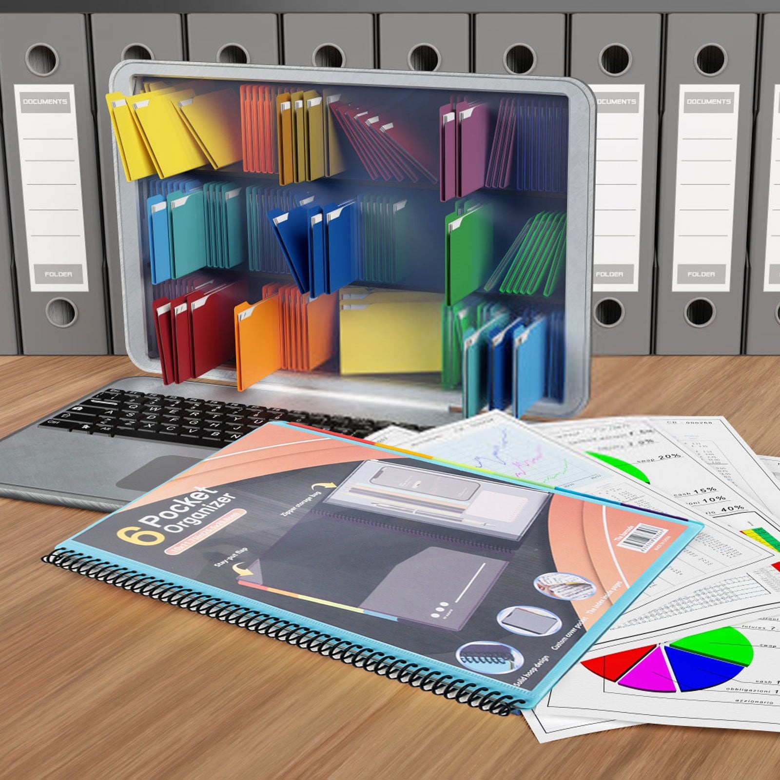 witspace 6/12 Pocket Poly Project Organizer, Round Tab Binder Organizer Spiral Project Folder Multi Pocket Folder Binder with Pockets Letter Size, Back Cover Utility Pouch, School Supplies