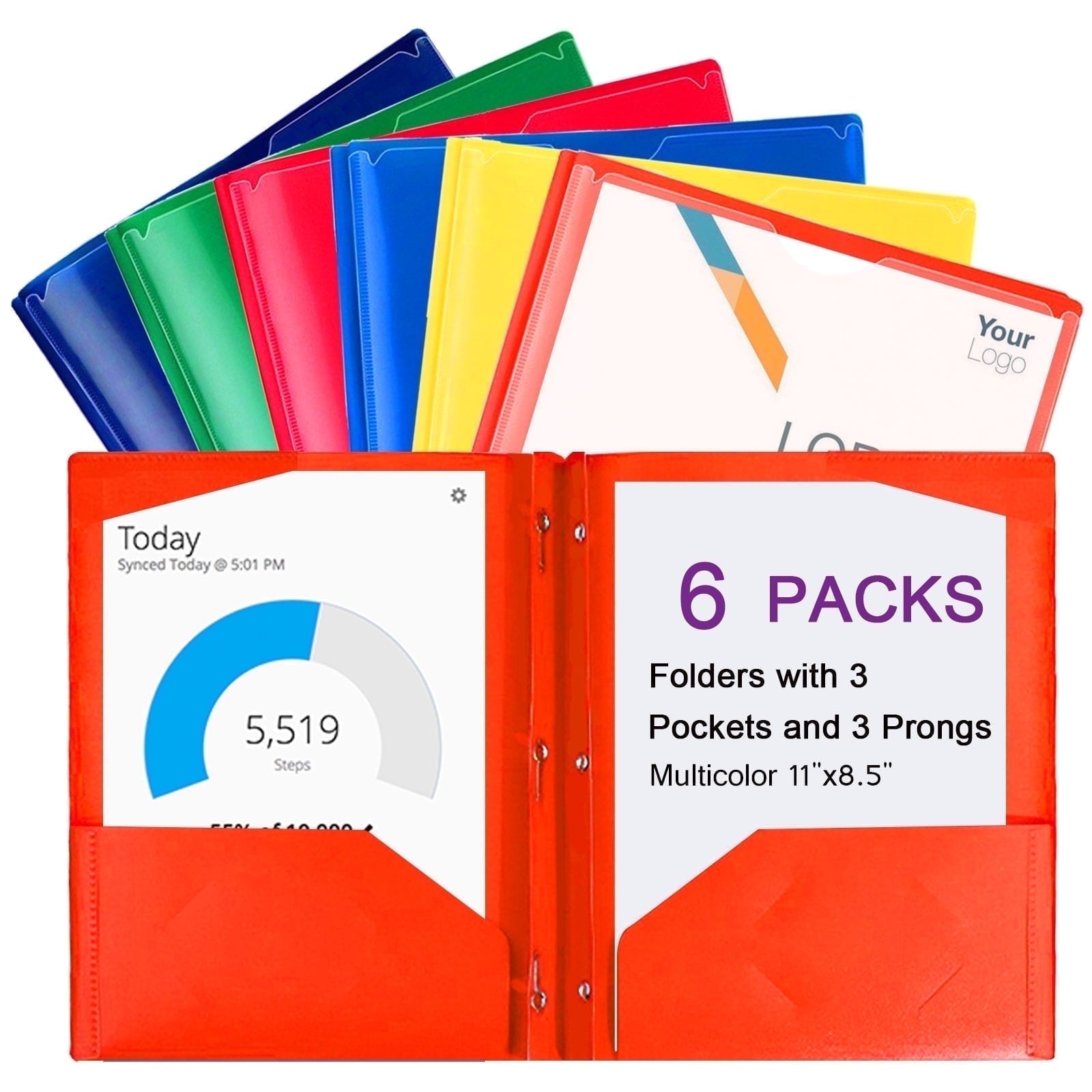 6 Pack Plastic Folders with Pockets and Prongs, 2 Pocket 3-Clasp Folders, Tear-Resistant, Long Lasting Acid-Free Poly, Use for School Office Home Business