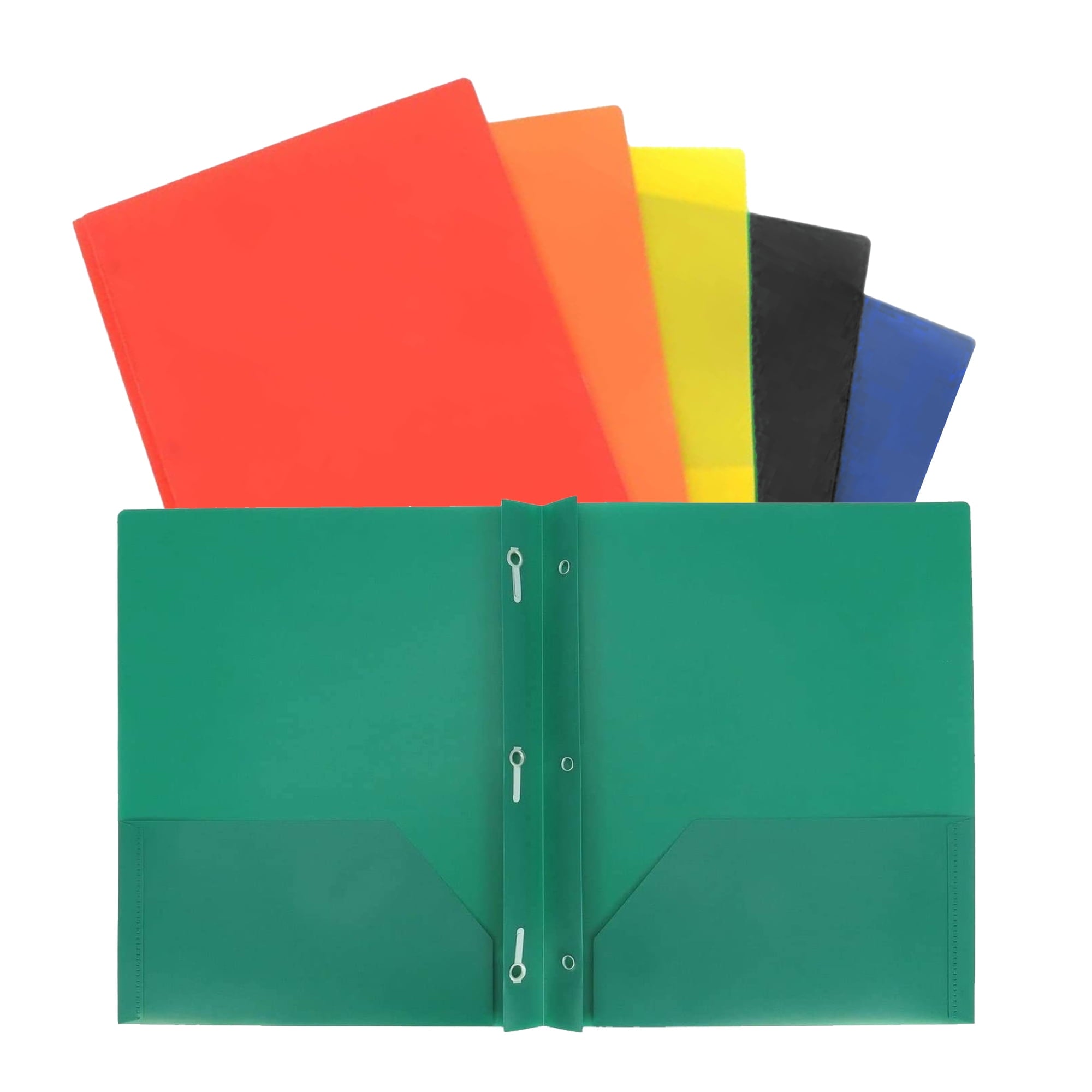 2 Pocket Multicolor Plastic Folders with Prong Fasteners, Black, Red, Green, Blue, Yellow, Orange, 6 Pack Plastic Folders