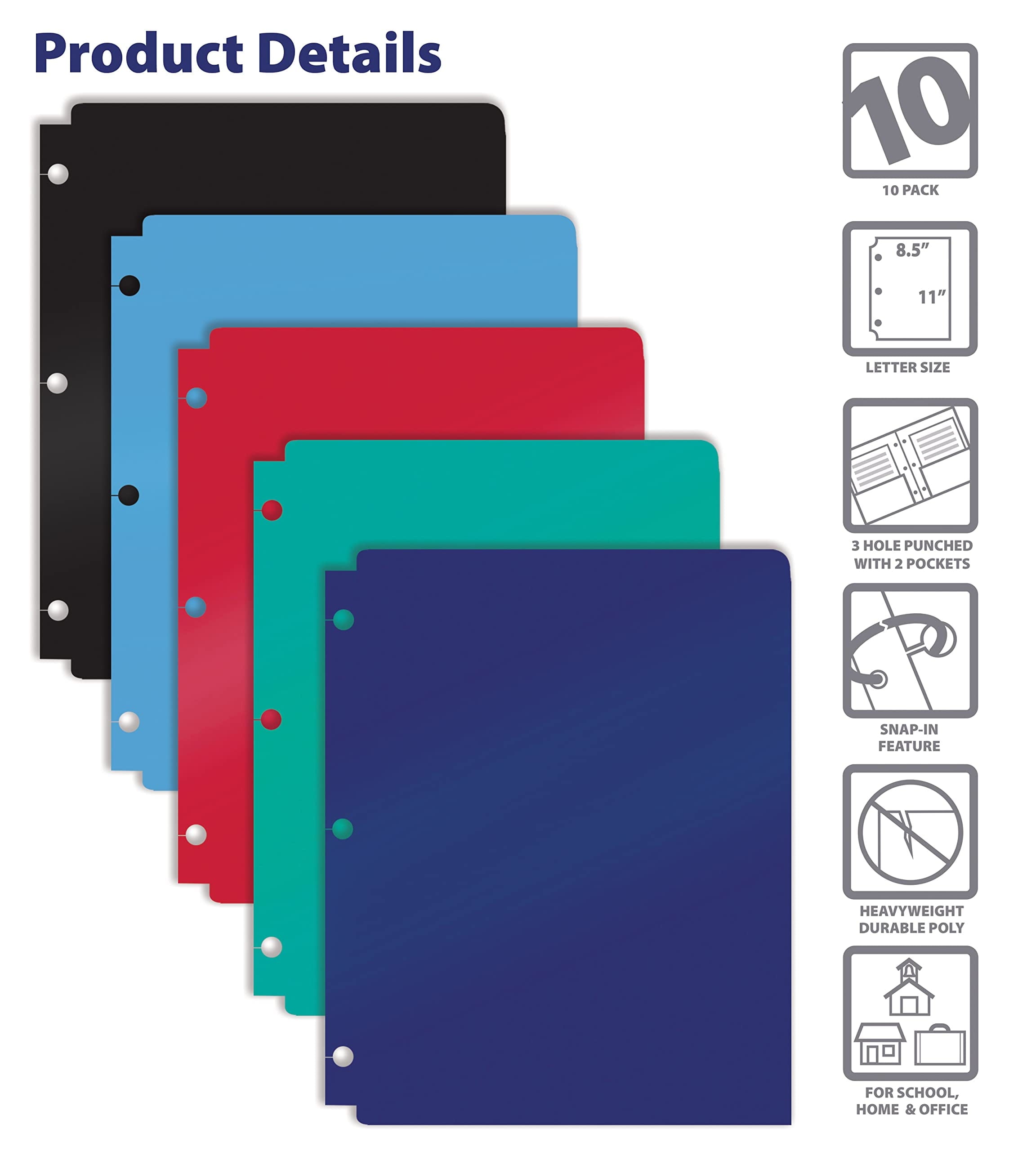 3 Hole Punch Pocket Folders, 10 Pack, Sturdy Plastic 2 Pocket Folders, Assorted Colors, Letter Size, Snap in Binder Folders with Business Card Slot, by Better Office Products, 10 Pack