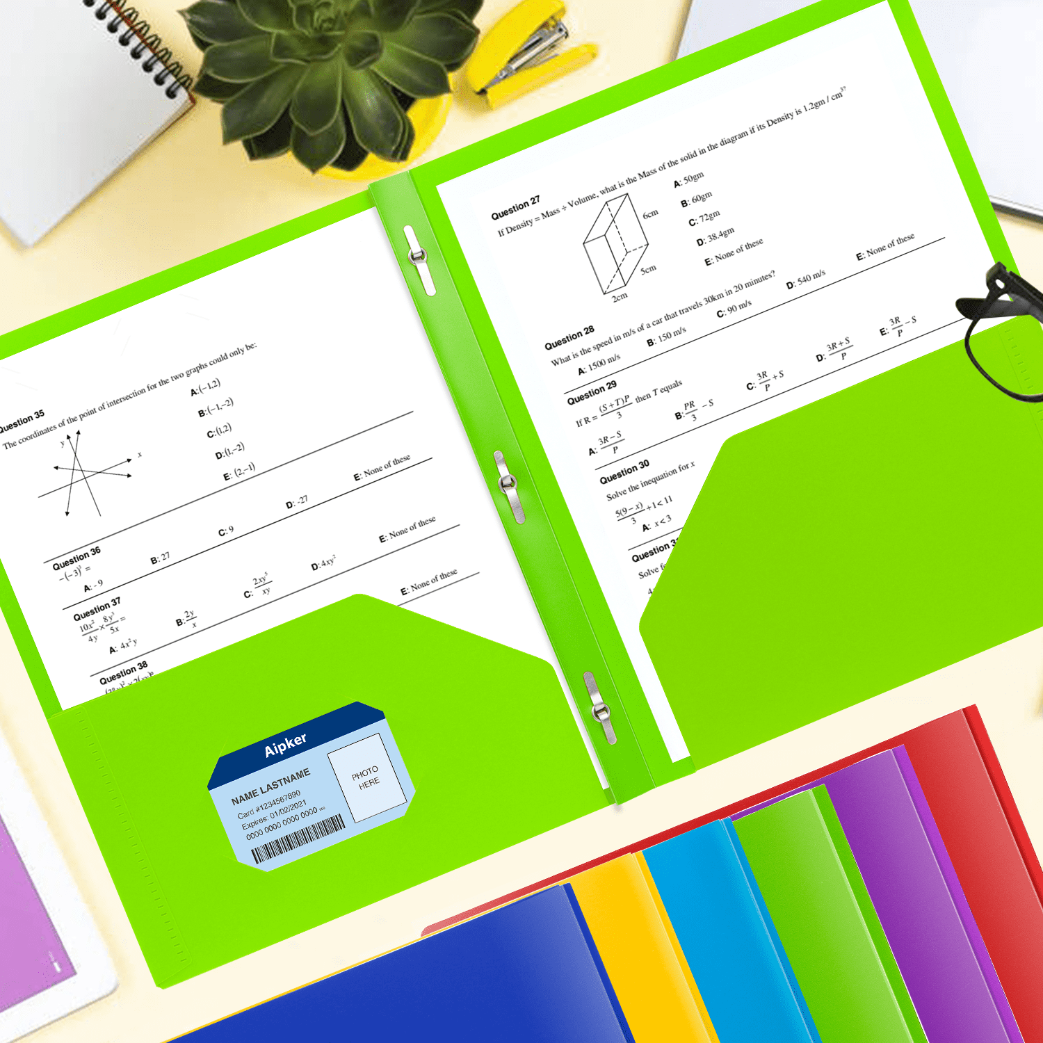 Aipker 7-Color Folders with Pockets and Prongs, Pockets Folder with Business Card Slots, Set of 7 Pack