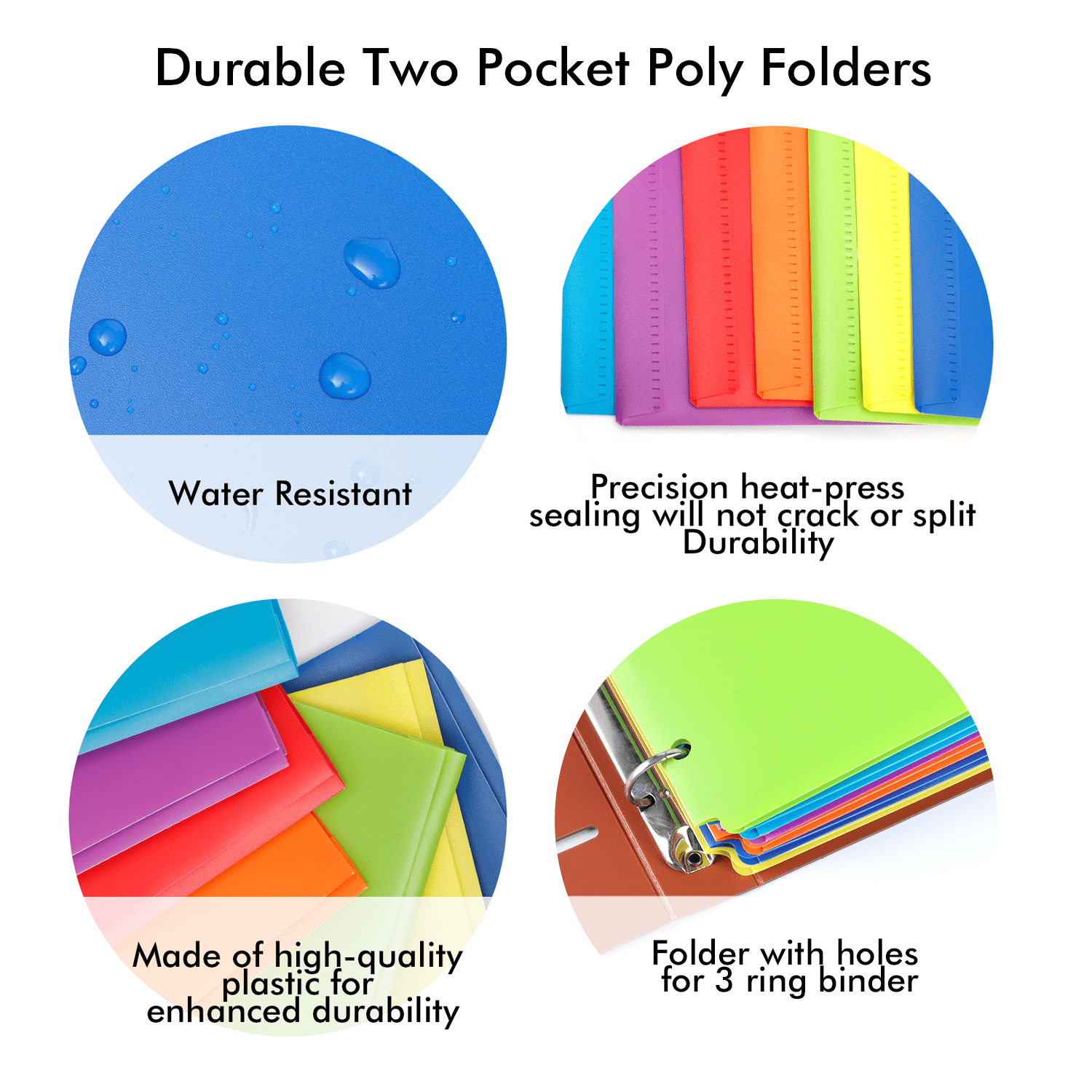 7 Colorful Plastic Folders with 2 Pockets and 3 Holes  – Two Pocket Folder Set for School, Binder Use – With Card Slot, Durable Poly Material