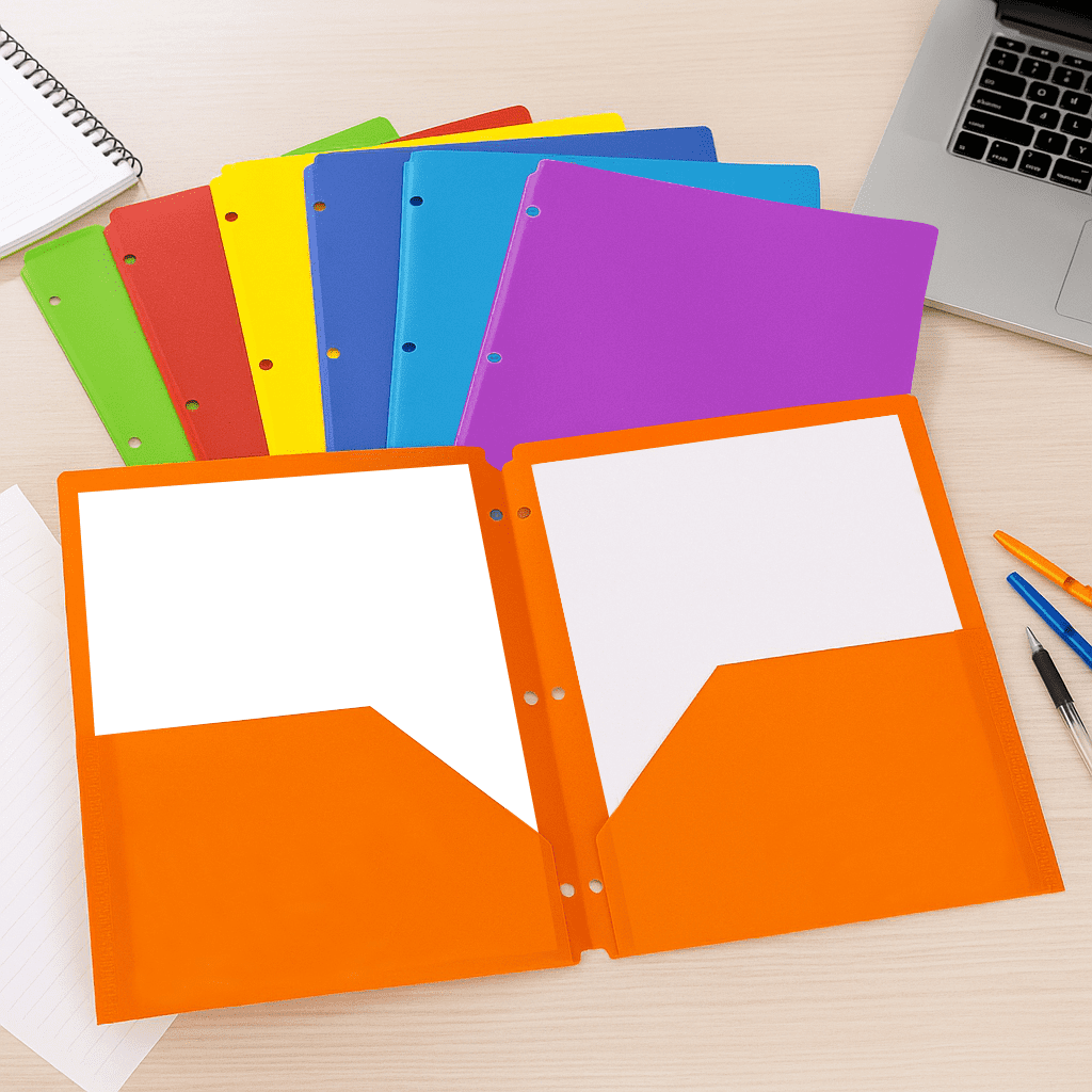 7 Colorful Plastic Folders with 2 Pockets and 3 Holes  – Two Pocket Folder Set for School, Binder Use – With Card Slot, Durable Poly Material