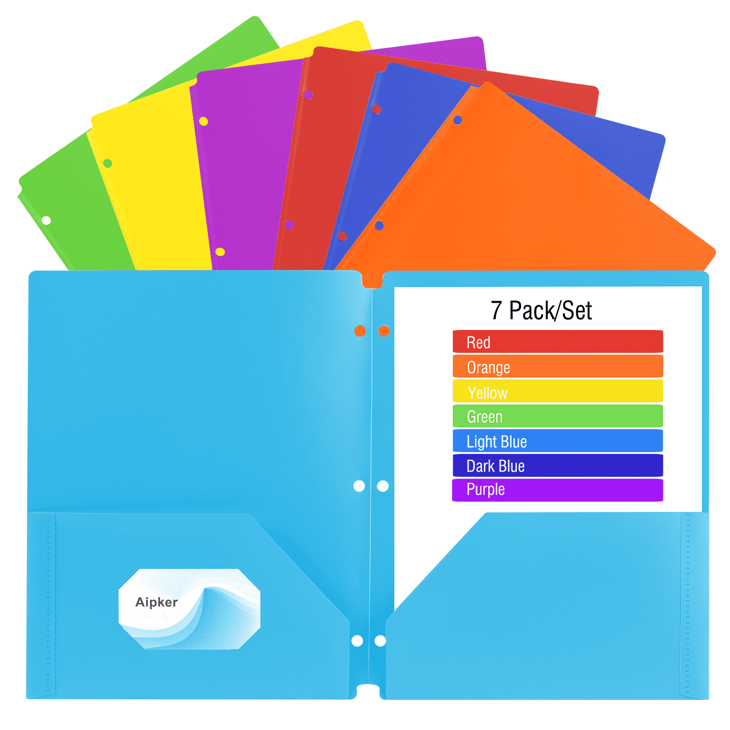 Aipker Plastic Folders with Pockets and Business Card Slots, 3 Hole Punched, Set of 7 Pack