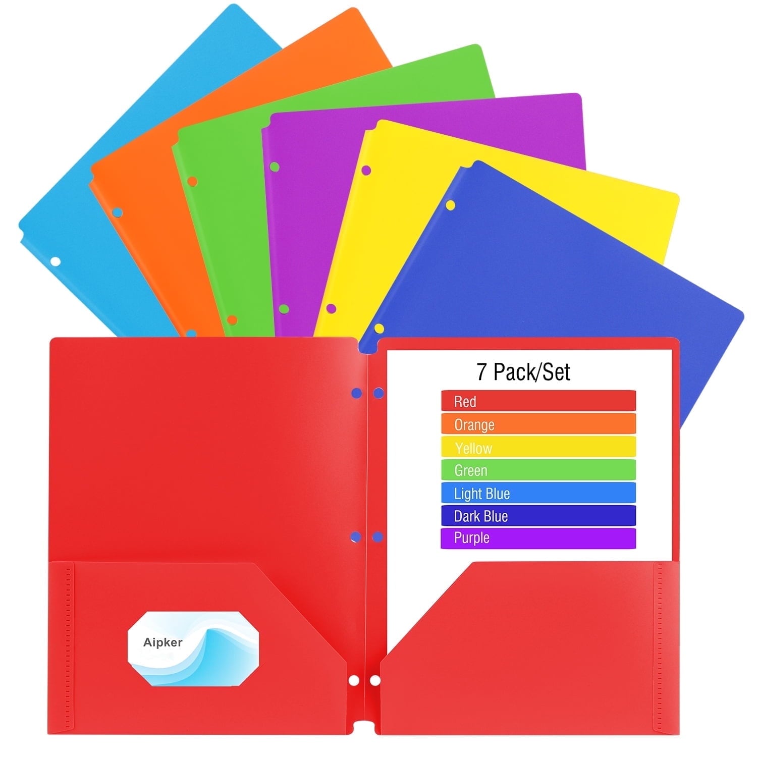7 Colorful Plastic Folders with 2 Pockets and 3 Holes  – Two Pocket Folder Set for School, Binder Use – With Card Slot, Durable Poly Material