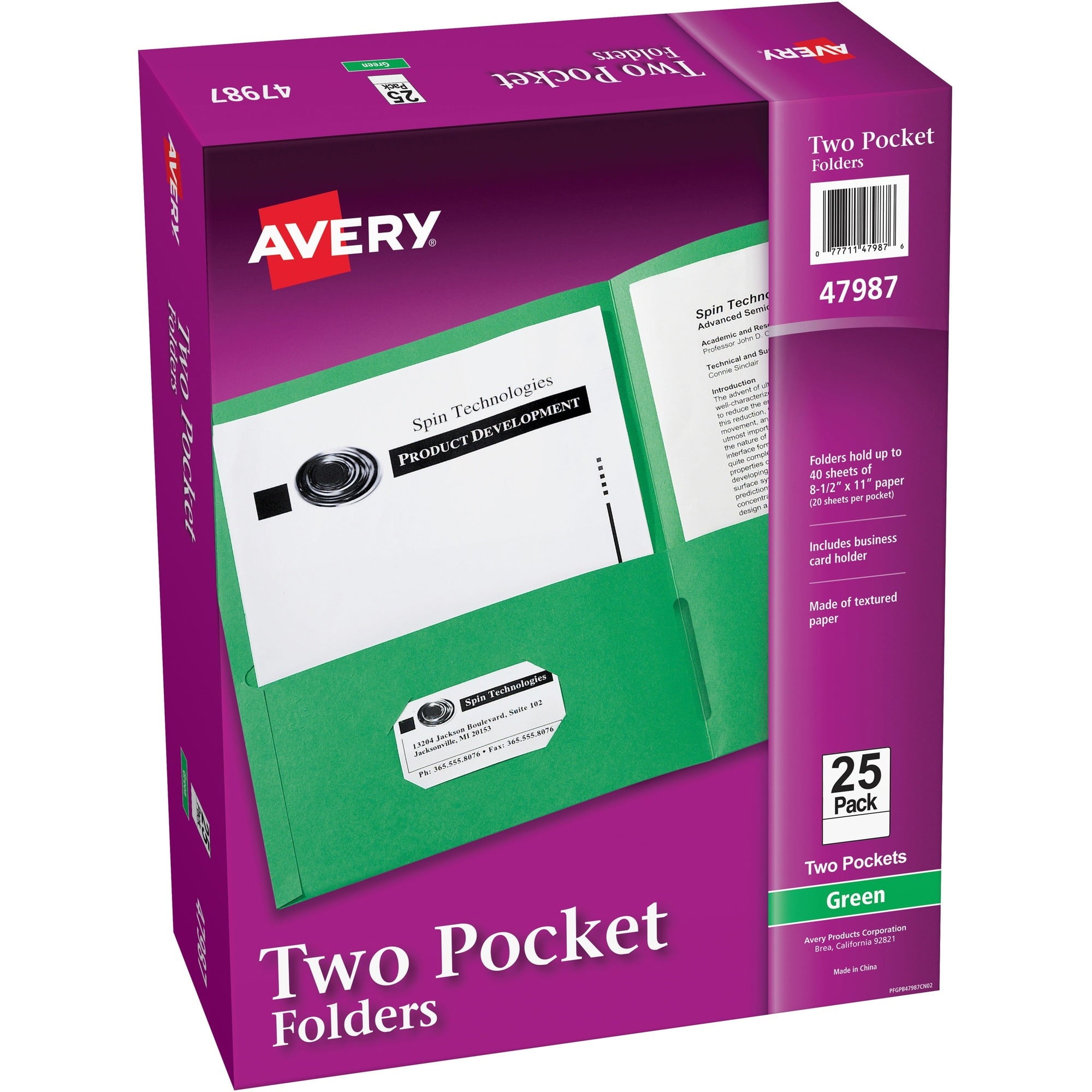 Avery® Letter Pocket Folder - 8 1/2" X 11" - 40 Sheet Capacity - 2 Internal Pocket(s) - Green - 125 / Carton