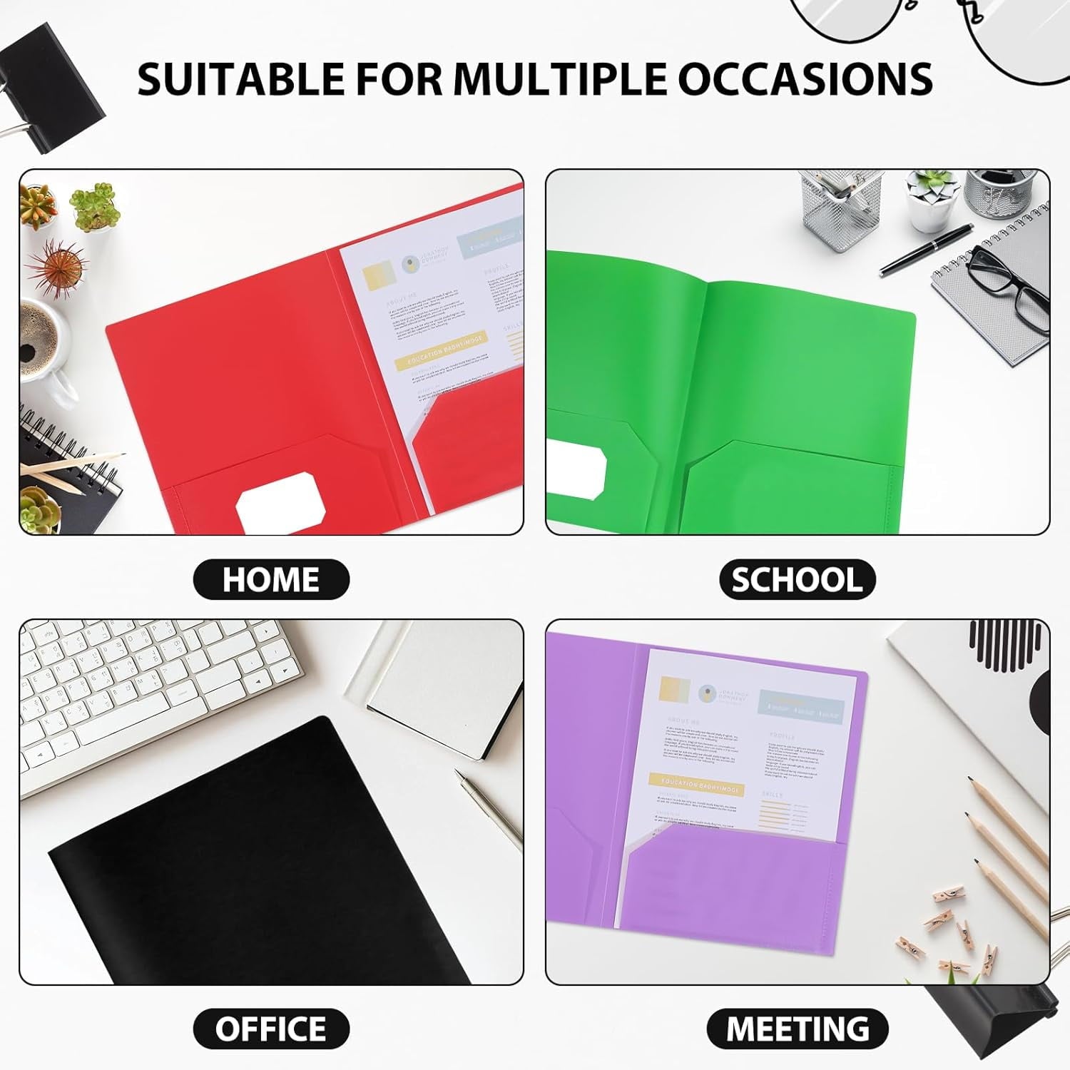 2-Pocket Letter Size Pocket Folders, Plastic folders for school office or home Multicolor, 6 Pack