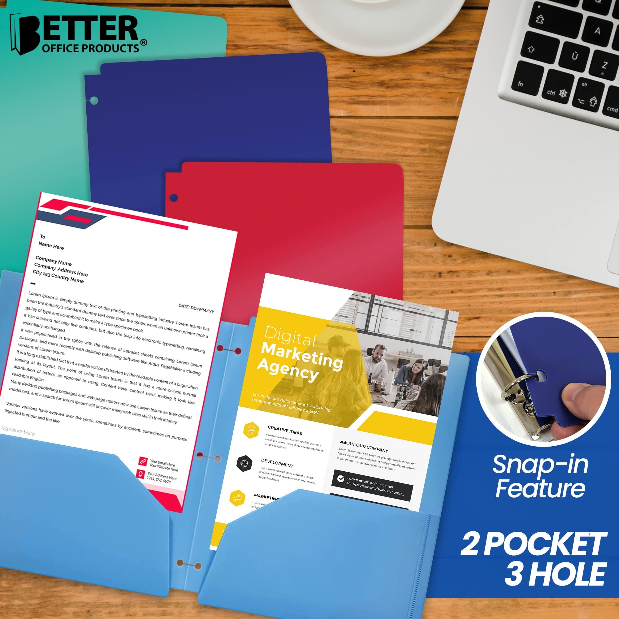 3 Hole Punch Pocket Folders, 10 Pack, Sturdy Plastic 2 Pocket Folders, Assorted Colors, Letter Size, Snap in Binder Folders with Business Card Slot, by Better Office Products, 10 Pack