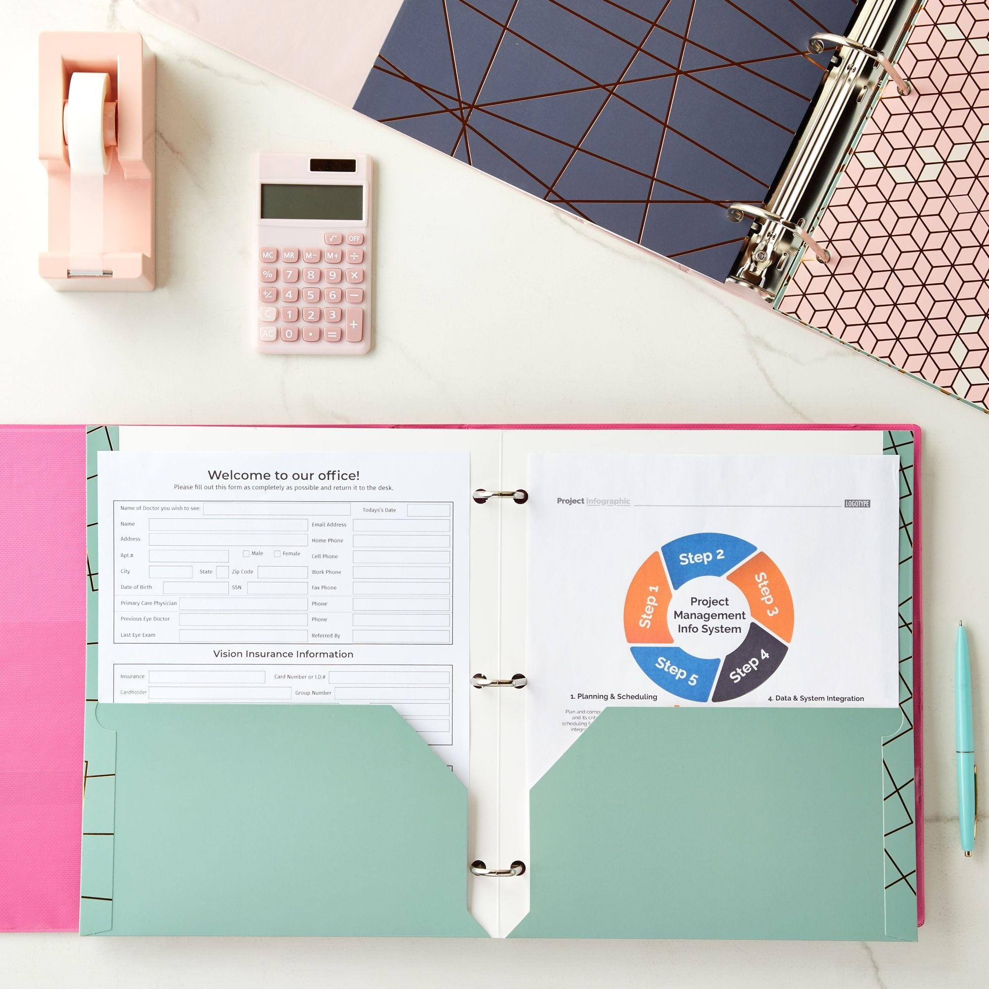 6 Pack School Folders with Pockets, 3 Hole Punched with 6 Geometric Designs for Office Supplies (9.5 x 12 In)