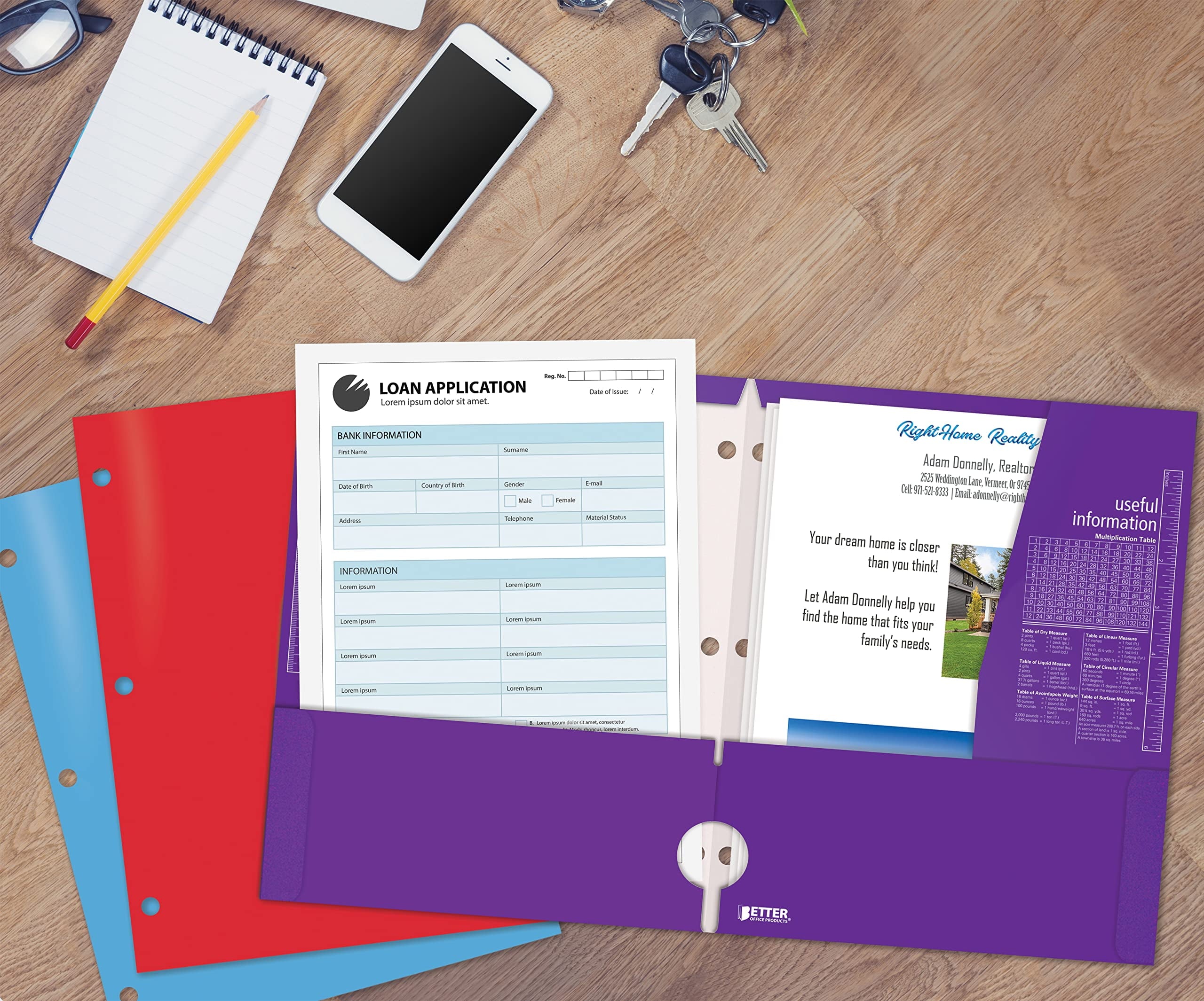 4 Pocket Glossy Laminated Paper Folders (6 Pack), 3 Hole Punch Portfolios, Assorted Colors, by Better Office Products (Primary Colors)