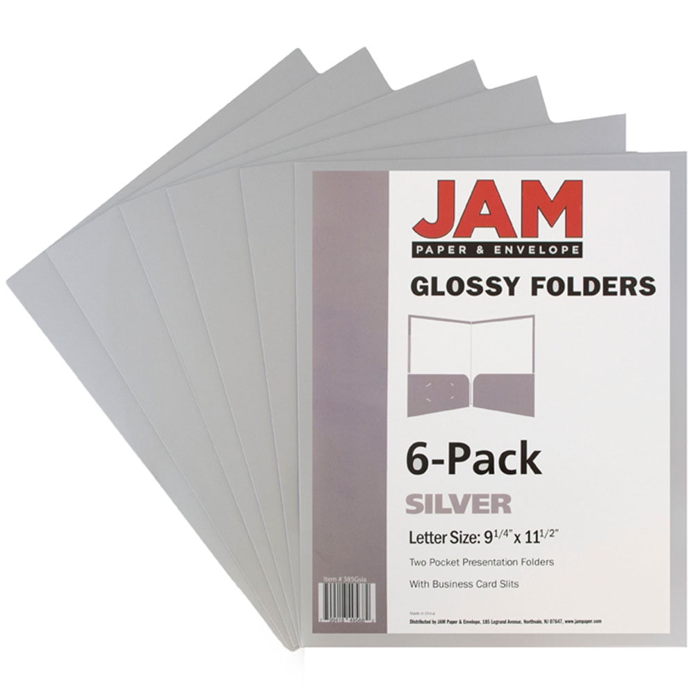 JAM Paper Glossy Two Pocket Folders, Silver, 6 per Pack