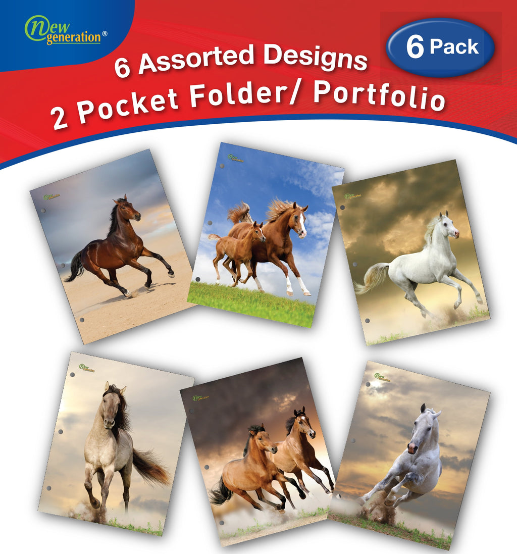 New Generation Letter Size 2-Pocket Folders, Assorted Horses Designs , 6 Pack