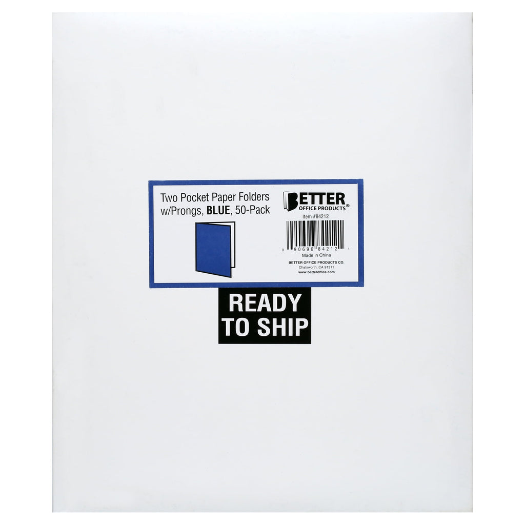Better Office Products Blue Paper 2 Pocket Folders with Prongs, Blue, 50 Pack