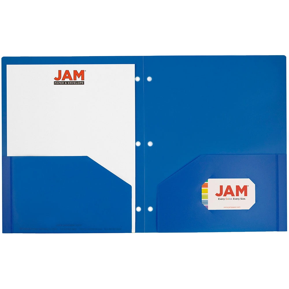JAM Paper Heavy Duty Plastic 3 Hole Punch School Folders with Pockets, Blue, 6/Pack