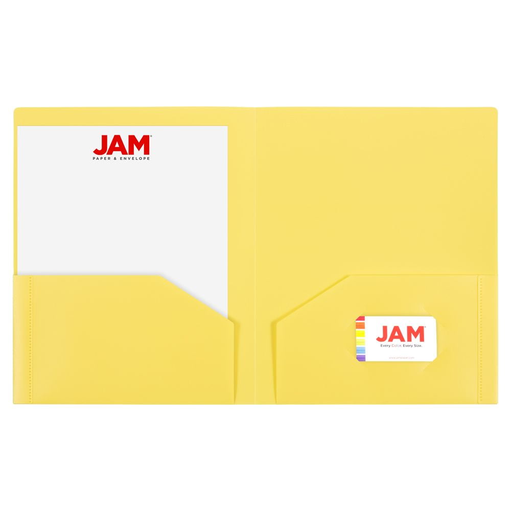 JAM Paper Heavy Duty Plastic Two Pocket Presentation Folders, Yellow, 6 Pack