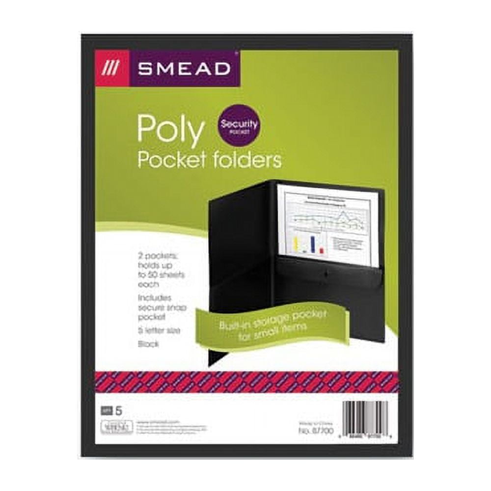 Smead Poly 2-Pocket Folders with Security Pkt Black 5/PK Ltr (87700)
