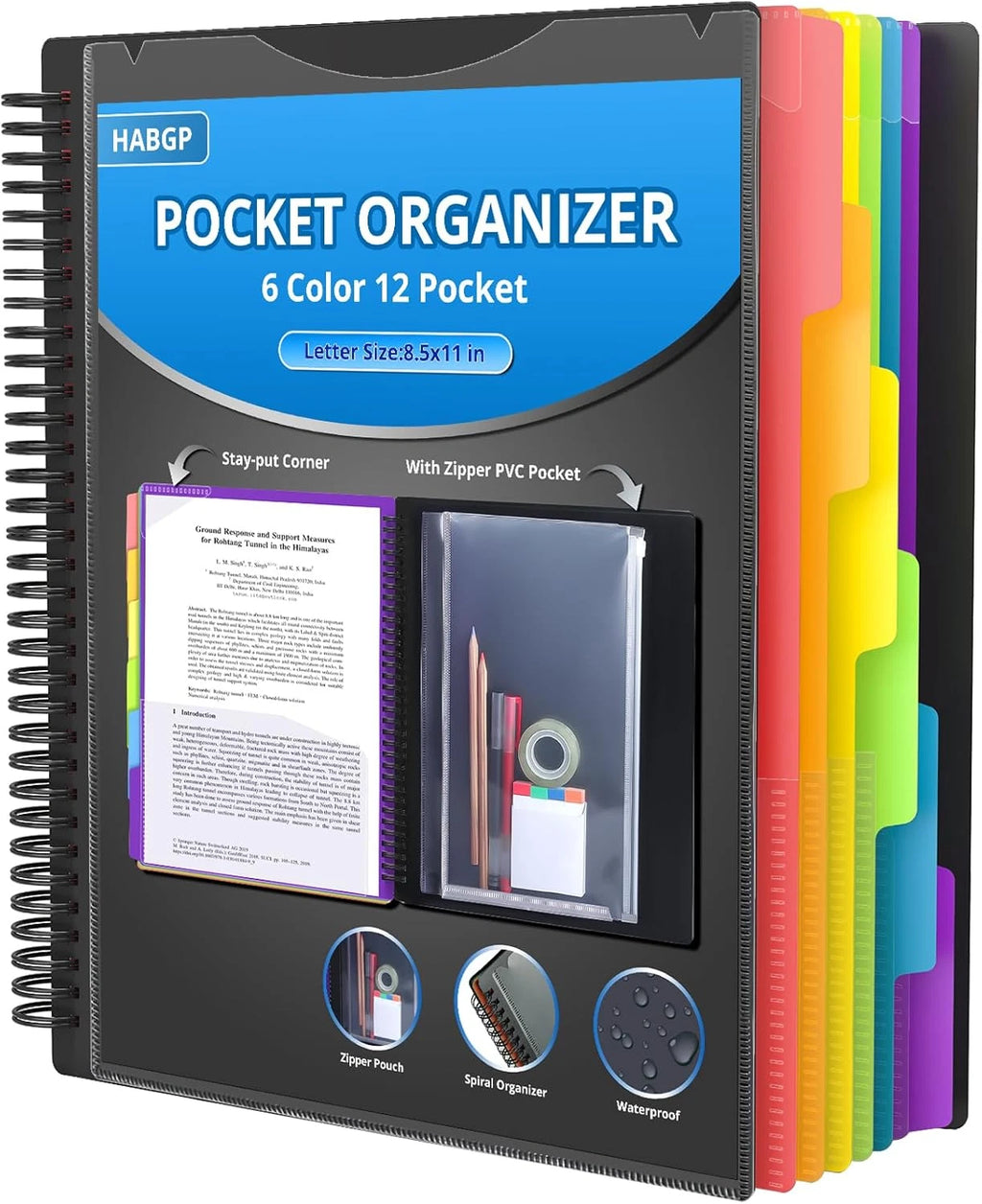 12 Pocket Plastic Folders With Pockets, 6 Colors Multi Pocket Folder Binder With