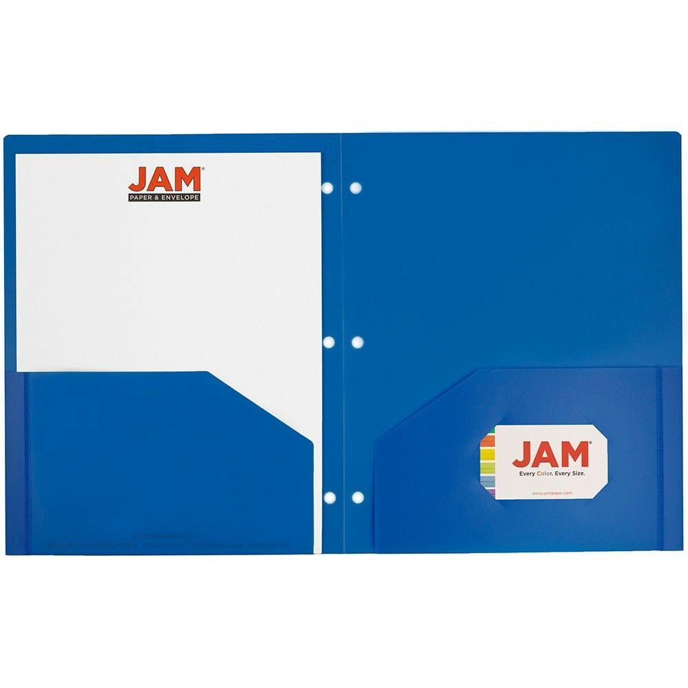 JAM Paper Heavy Duty Plastic 3 Hole Punch Pocket Folders, Extra Tough, Assorted Primary Colors, Bulk 48/Pack