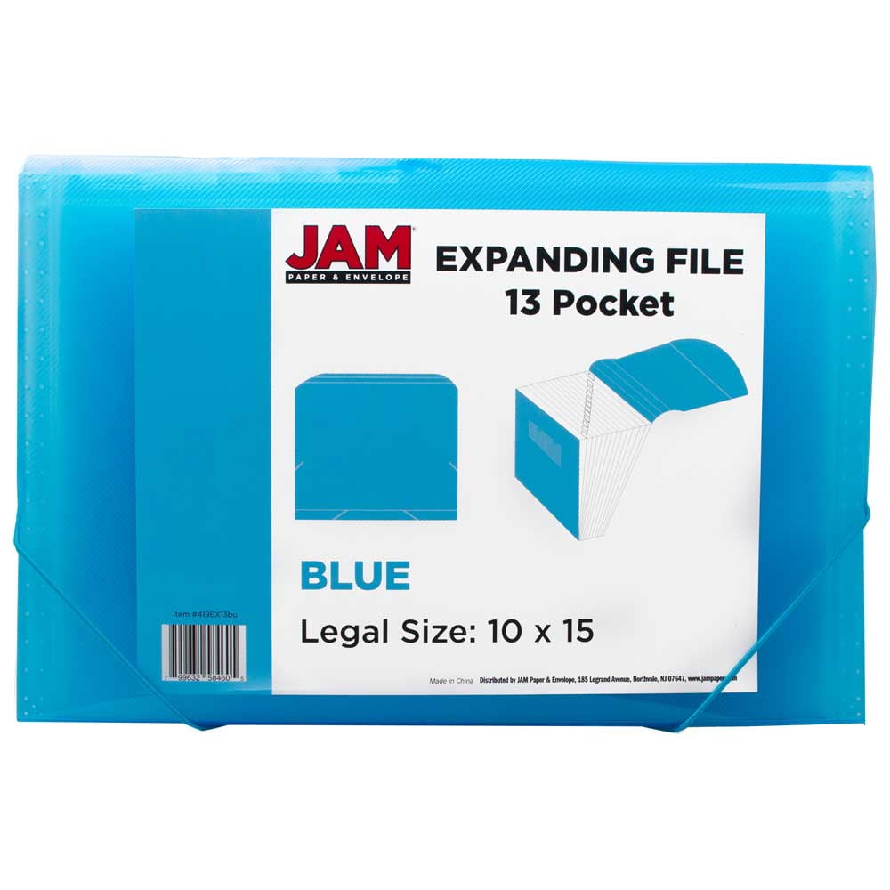 JAM Paper 13 Pocket Expanding File, Blue, 1/Pack, Legal Size, 10 x 15
