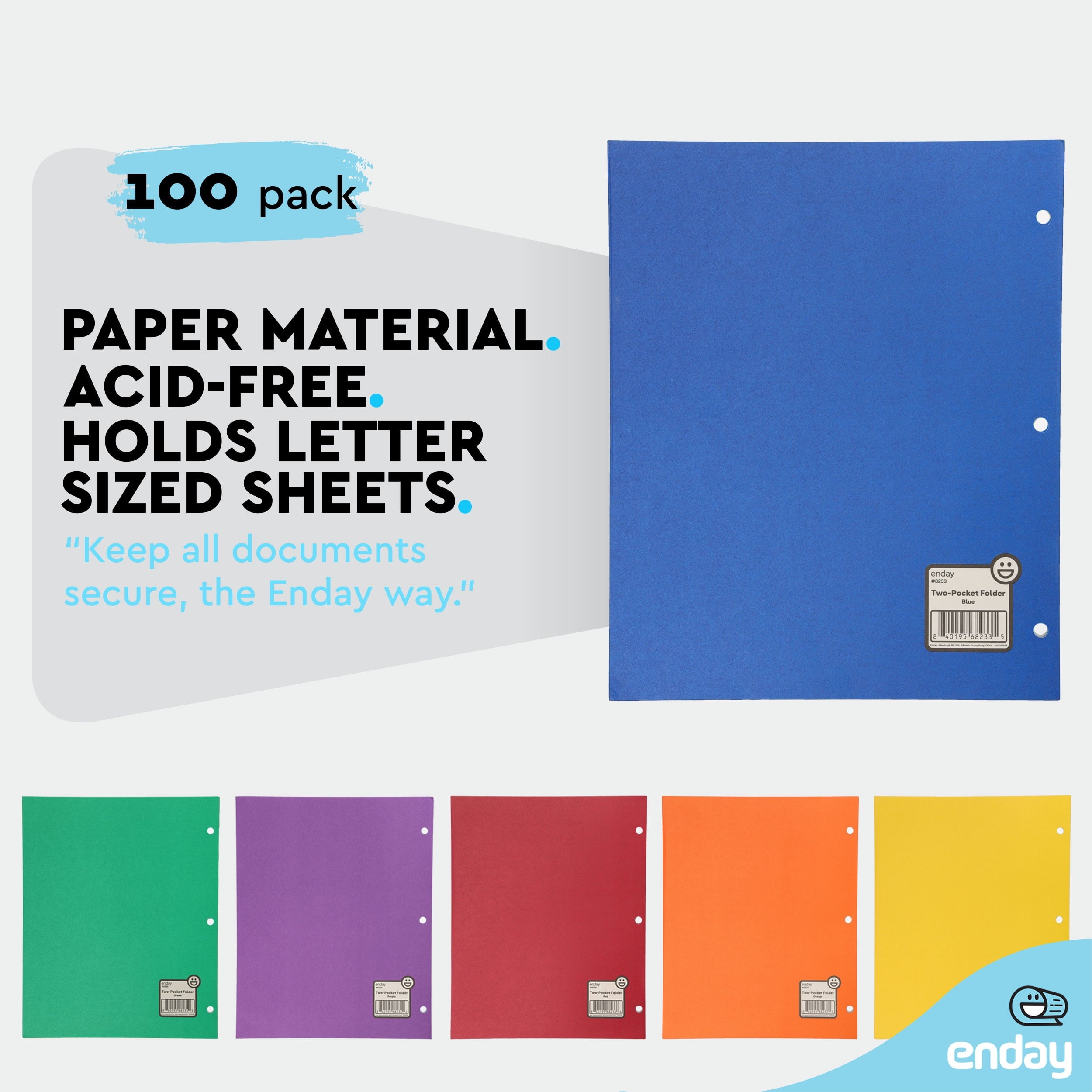 Enday Paper Folders with Pockets (100 Pack) - Assorted Colors - Letter Size Two Pocket Folders - Purple, Blue, Green, Red, Yellow, Orange & Black