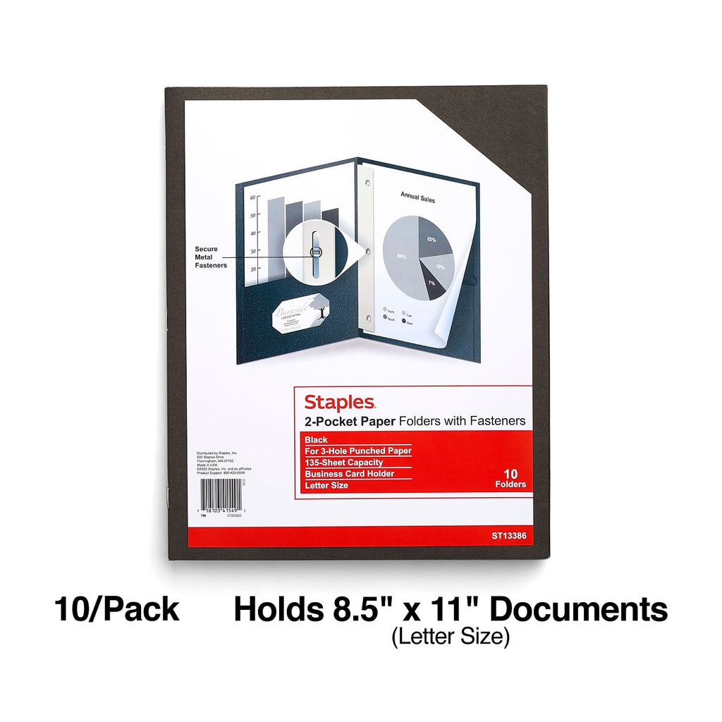 Staples 10% Recycled Smooth 2-Pocket Paper Presentation Folder with Fasteners Black 10/Pack