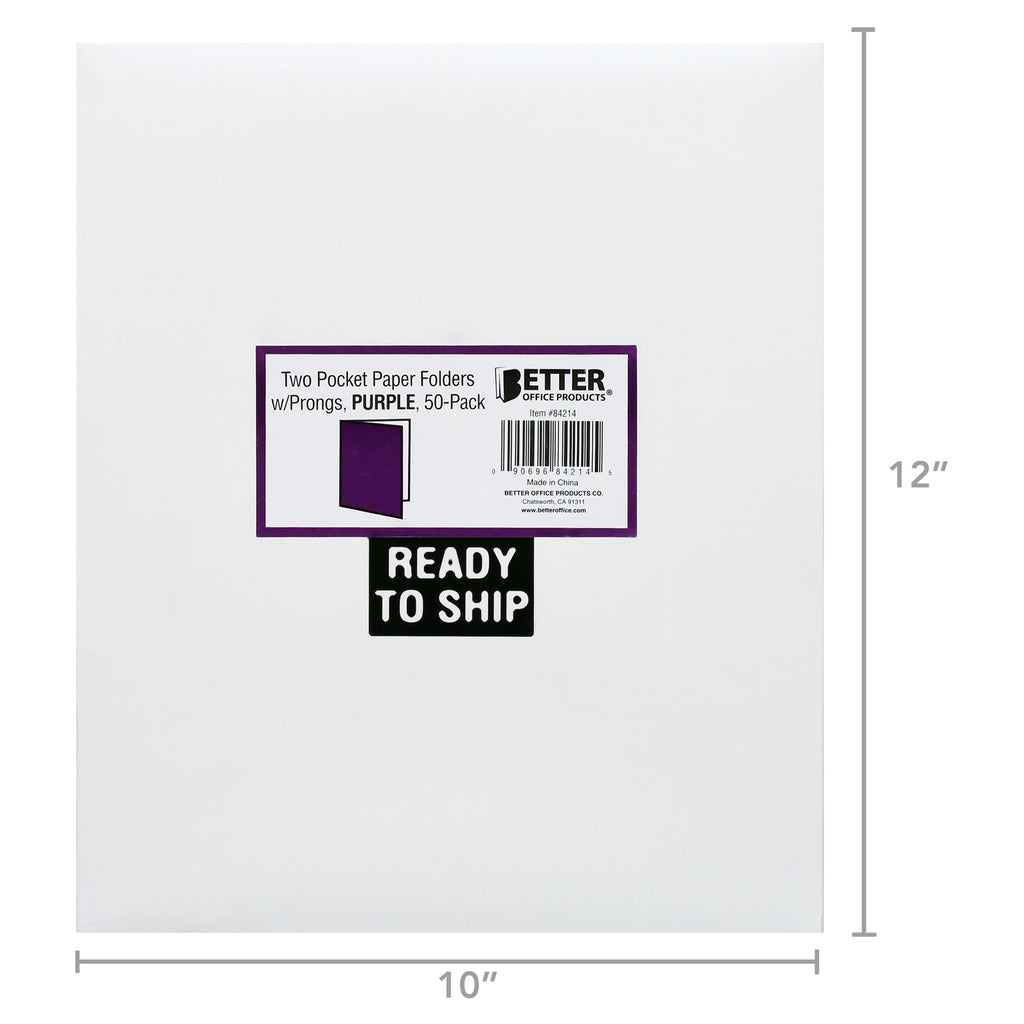 Purple Paper 2 Pocket Folders with Prongs, 50 Pack, by Better Office Products, Matte Texture, Letter Size Paper Folders, 50 Pack, with 3 Metal Prong Fastener Clips, Purple