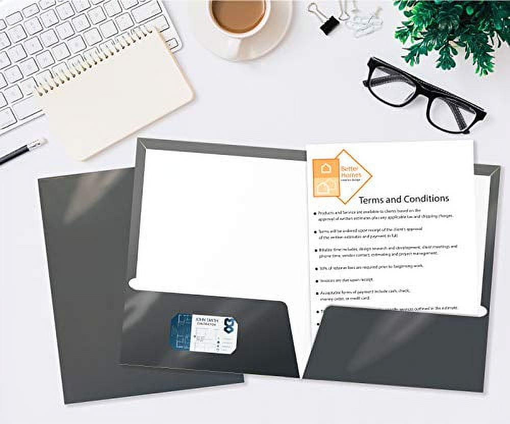 2 Pocket Glossy Laminated Gray Paper Folders, Box of 25, Letter Size, Gray Paper Portfolios by Better Office Products, 25 Pack