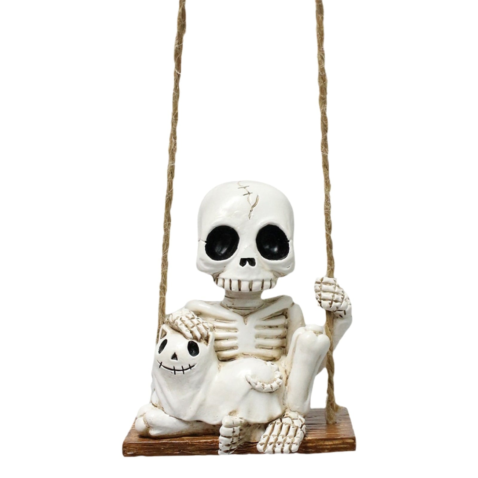 Halloween Skeleton Swing Decoration with Ghost Cat | Resin Garden Statue 3.15in | Outdoor Halloween Decor, Patio & Porch Hanging Ornament