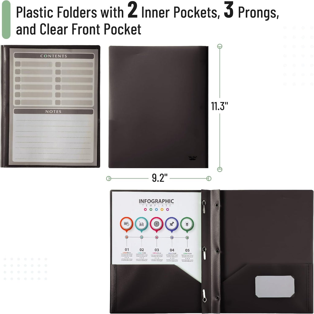 Black Plastic Folders with Pockets and Prongs, 24 Pack, Letter Size, Black Flexible Plastic Folders with Prongs, Clear Front Pocket and Card Slot
