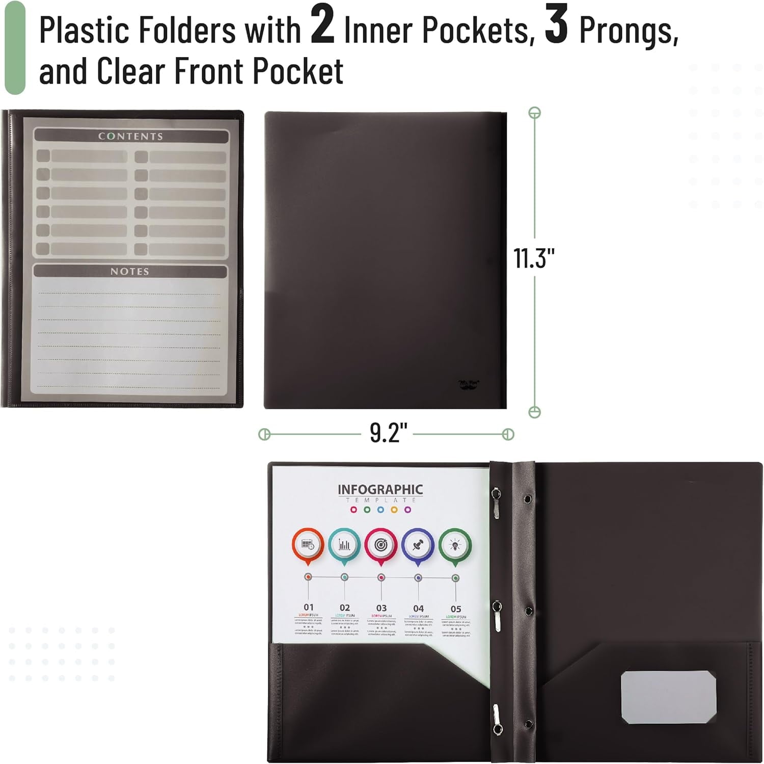 Black Plastic Folders with Pockets and Prongs, 24 Pack, Letter Size, Black Flexible Plastic Folders with Prongs, Clear Front Pocket and Card Slot