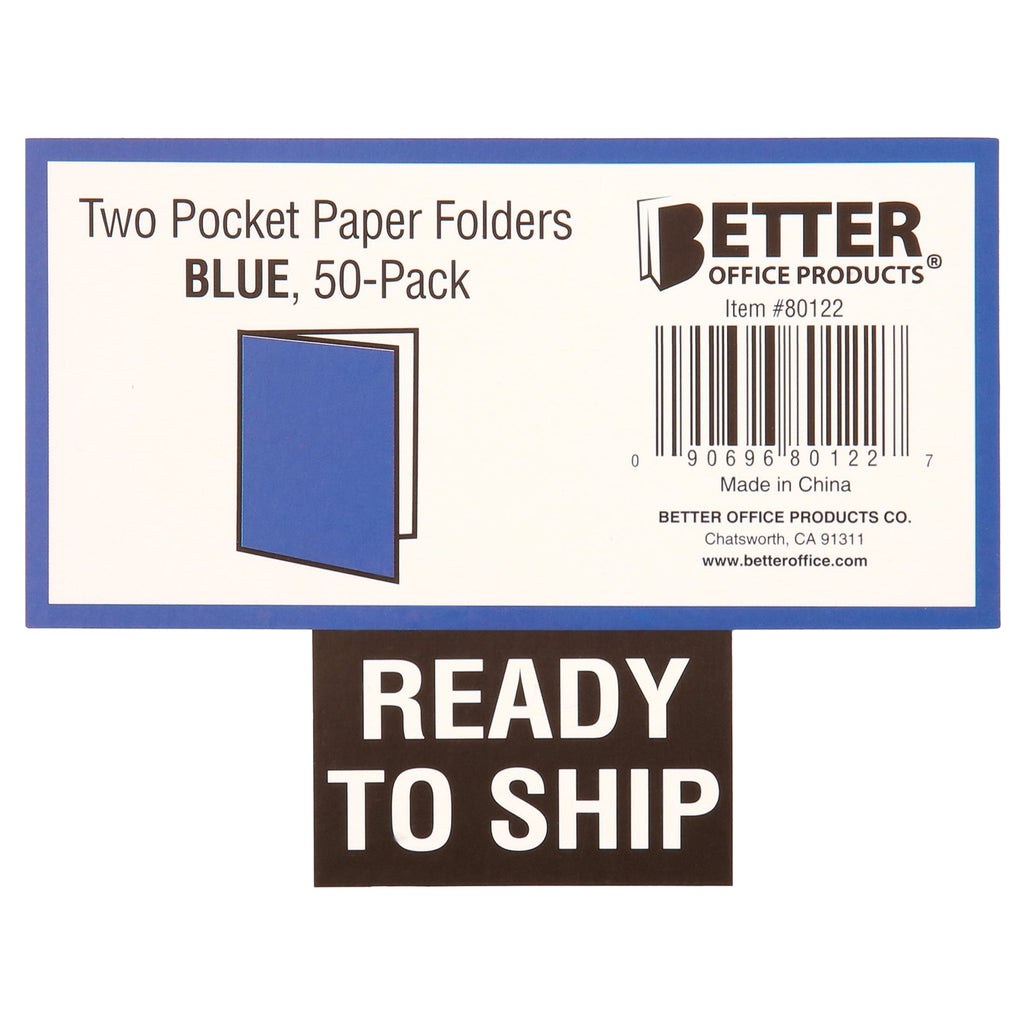 Two Pocket Portfolio Folders, 50-Pack, Blue, Letter Size Paper Folders, by Better Office Products, 50 Pieces, Blue