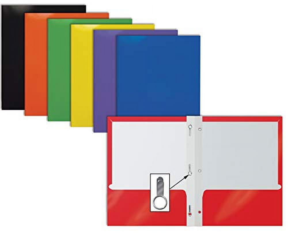 2 Pocket Glossy Laminated Paper Folders with Prongs, Assorted Colors, Letter Size, Paper Portfolios with 3 Metal Prong Fasteners, by Better Office Products, Box of 25-Assorted Colors (with prongs)