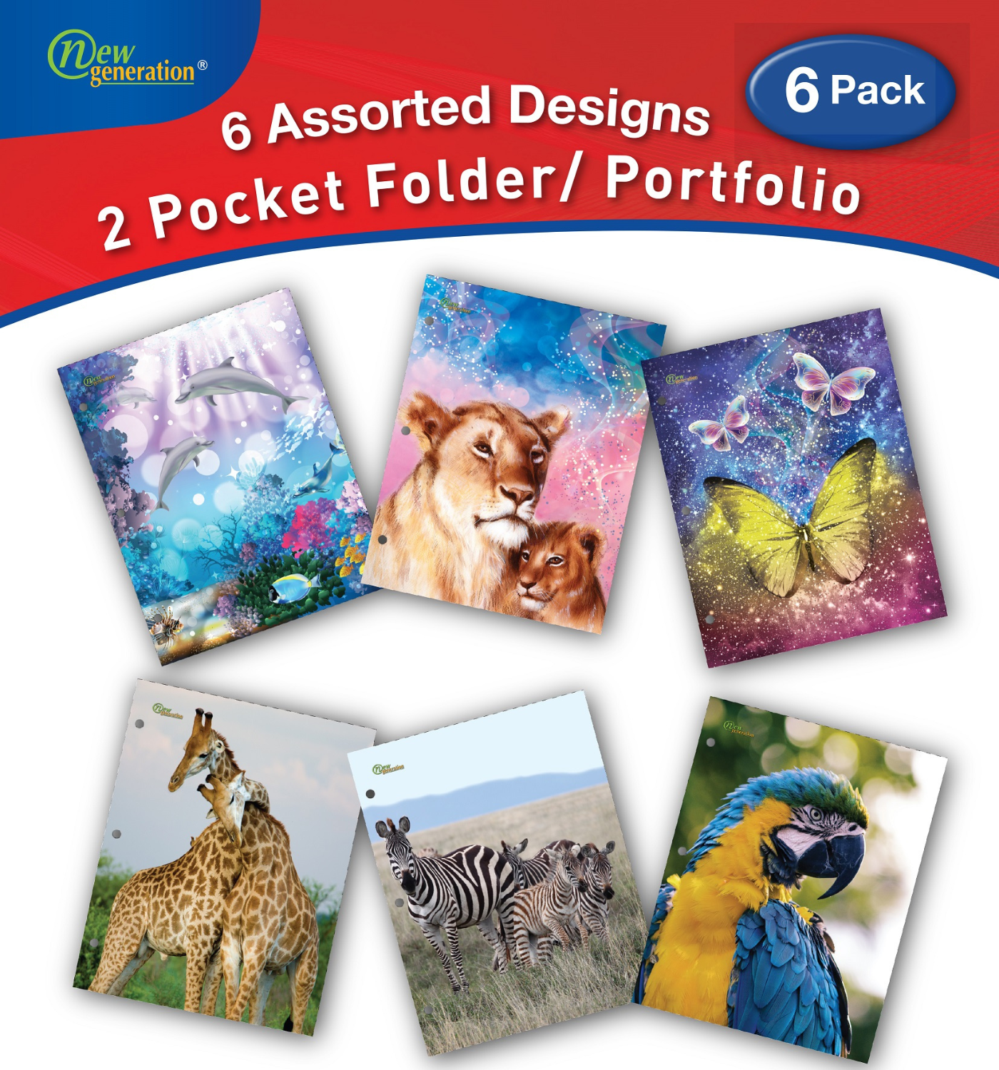 New Generation Wild Life Fashion School 2-Pocket Folders, Assorted Colors, 6 Count