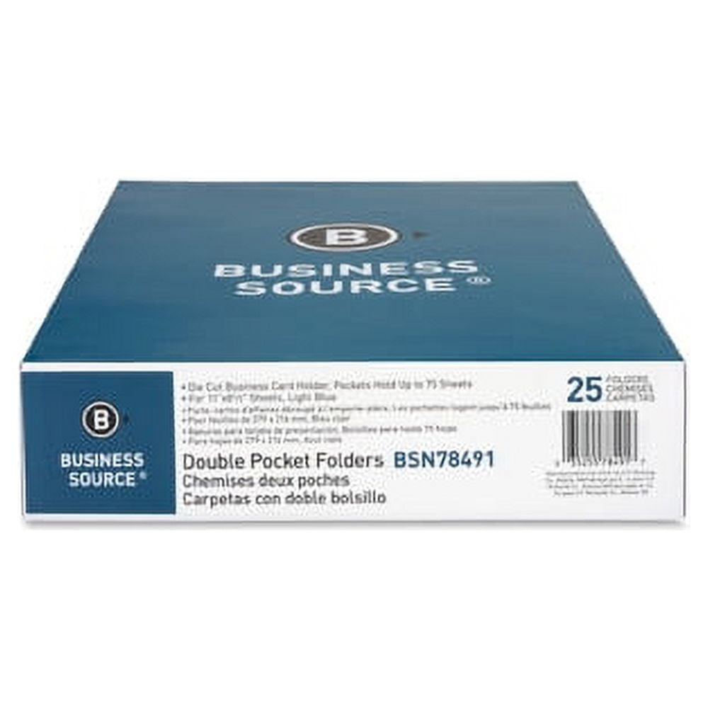 Business Source Two-Pocket Folders Letter - 8 1/2" x 11" Sheet Size - 125 Sheet Capacity - 2 Inside Front & Back Pocket(s) - Paper - Blue - Recycled - 25 / Box