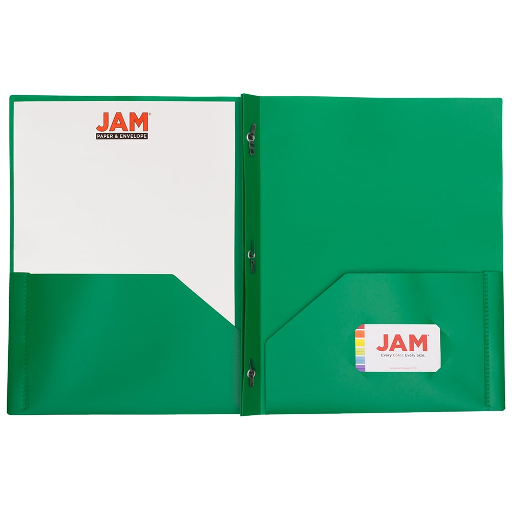 JAM Paper Plastic 2 Pocket School POP Folders with Metal Prongs Fastener Clasps, Green, 6/pack
