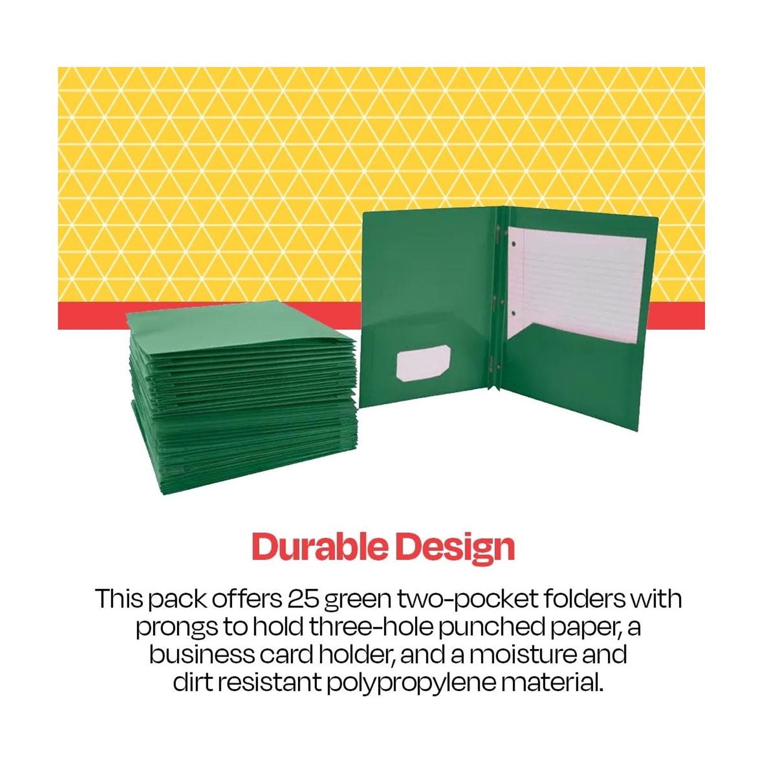 2-Pocket Poly Folders with Fasteners, Green, Pack of 25