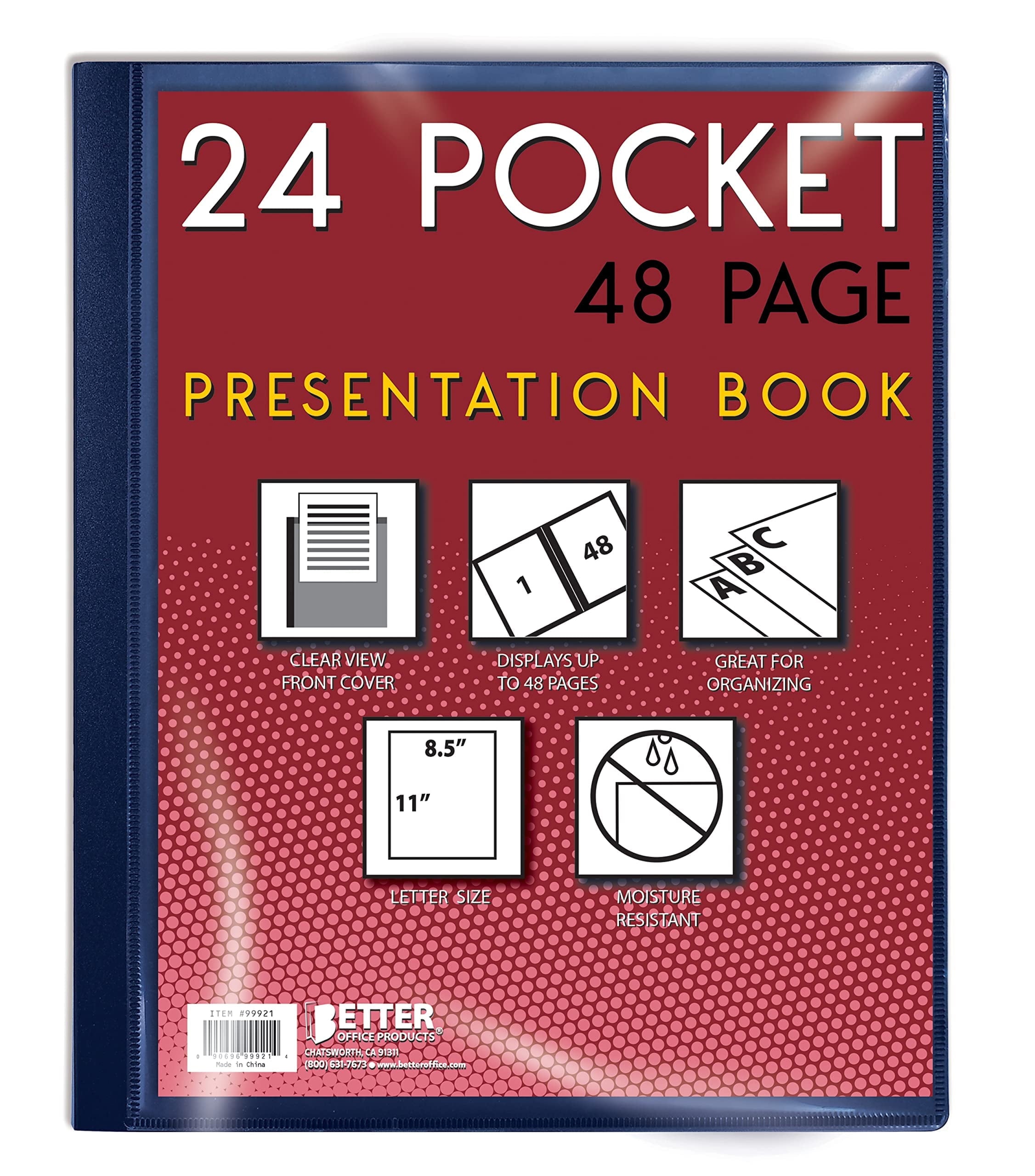 24 Pocket Bound Presentation Book, Blue with Clear View Front Cover, 48 Sheet Protector Pages, 8.5" x 11" Sheets, by Better Office Products, Art Portfolio, Durable Poly Covers, Letter Size, Blue