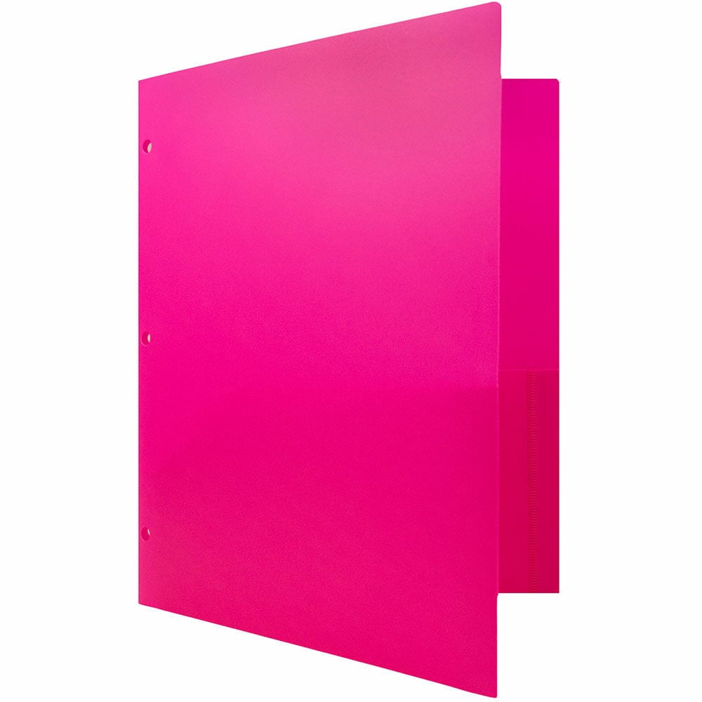 JAM Paper Heavy Duty Plastic 3 Hole Punch Pocket Folders, Extra Tough, Fuchsia Hot Pink, Bulk 48/Pack