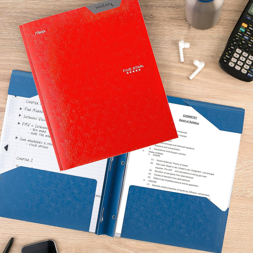 Five Star 2-Pocket Folder, Plastic Folder with Stay-Put Tabs and Prong Fasteners, Holds 8-1/2" x 11" Paper, Fire Red (72109)