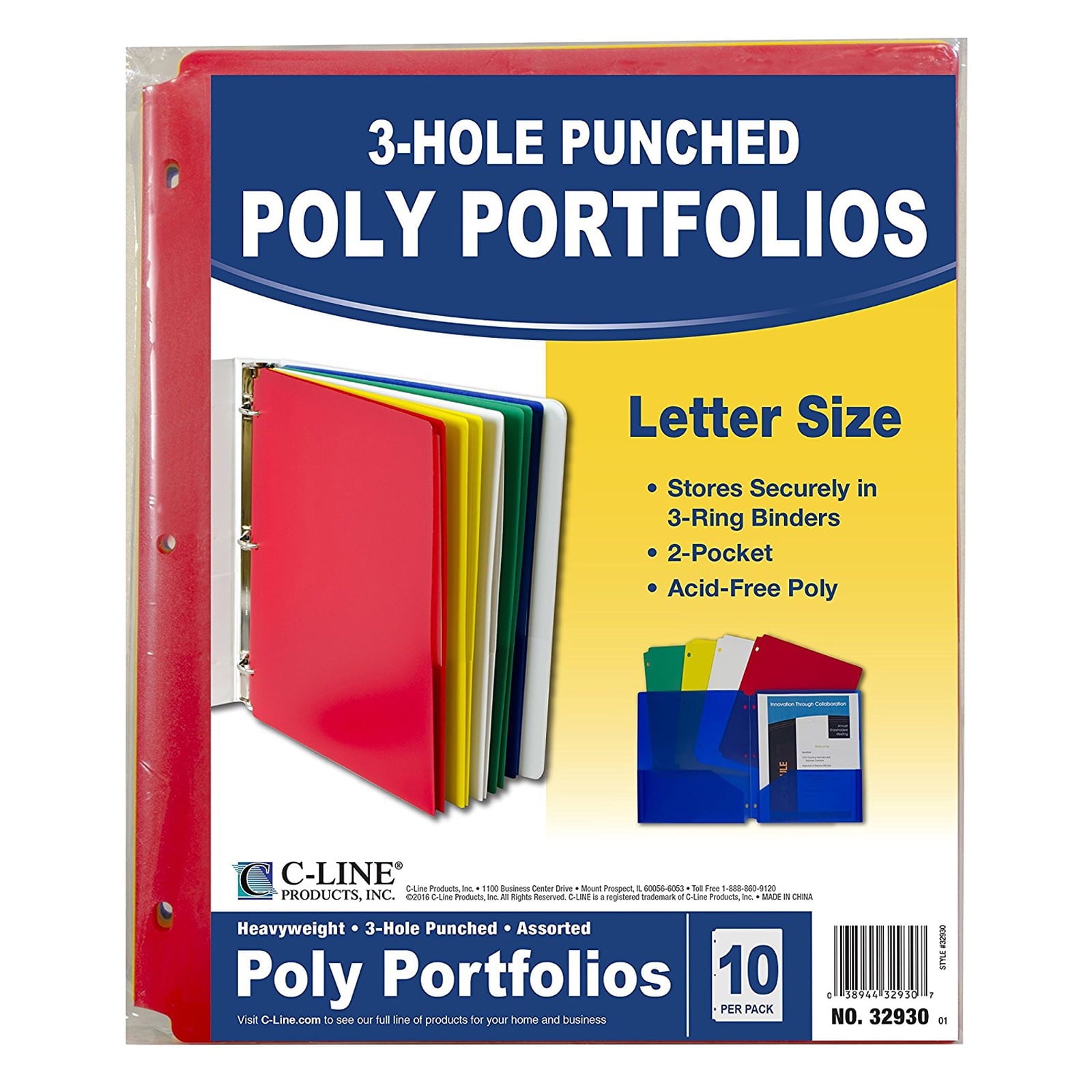 C-Line Two-Pocket Heavyweight Poly Portfolio Folder with Three-Hole Punch, Assorted Primary Colors, 10/Pack