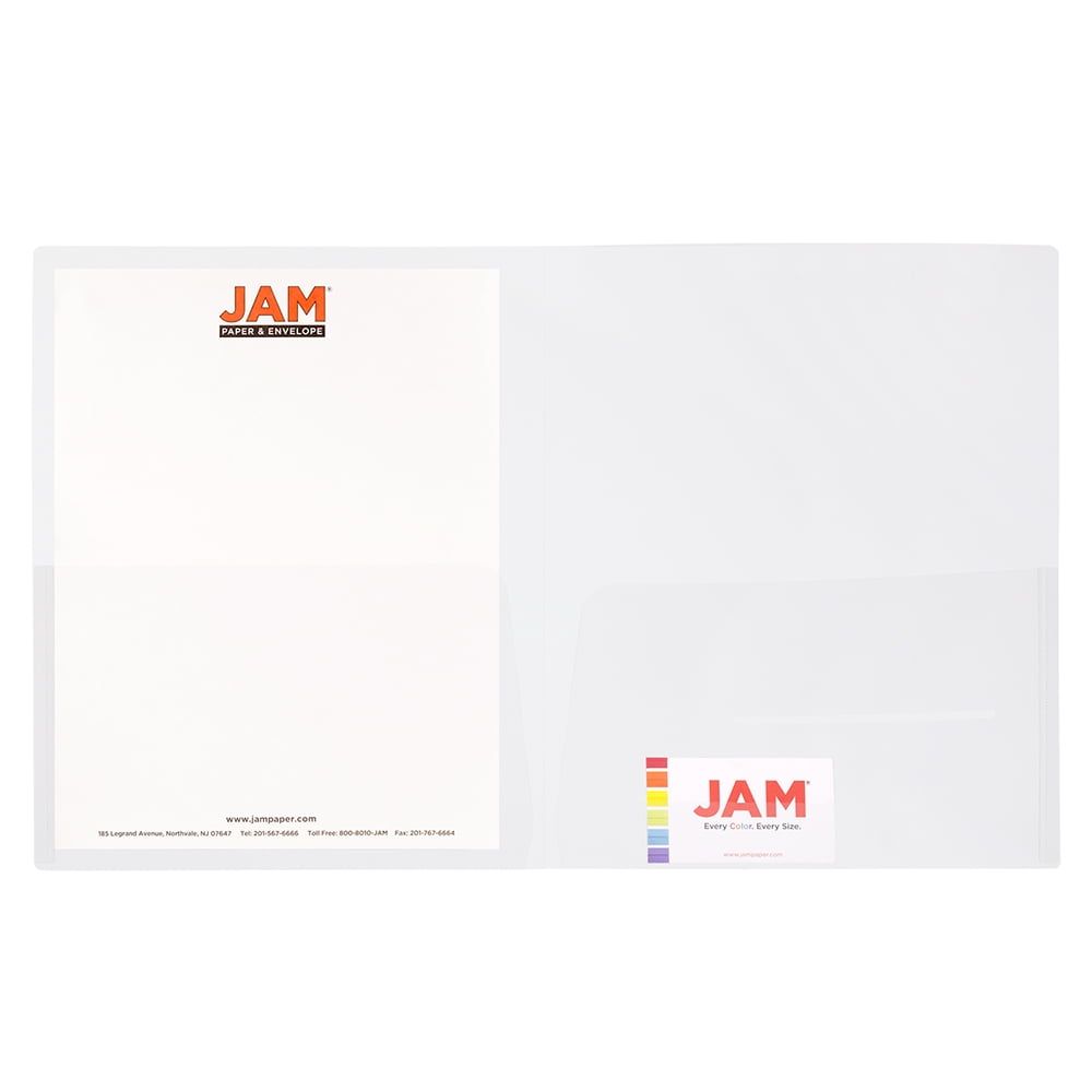 JAM Paper Plastic Regular Weight Folders, Clear, 6 per Pack, Two Pocket