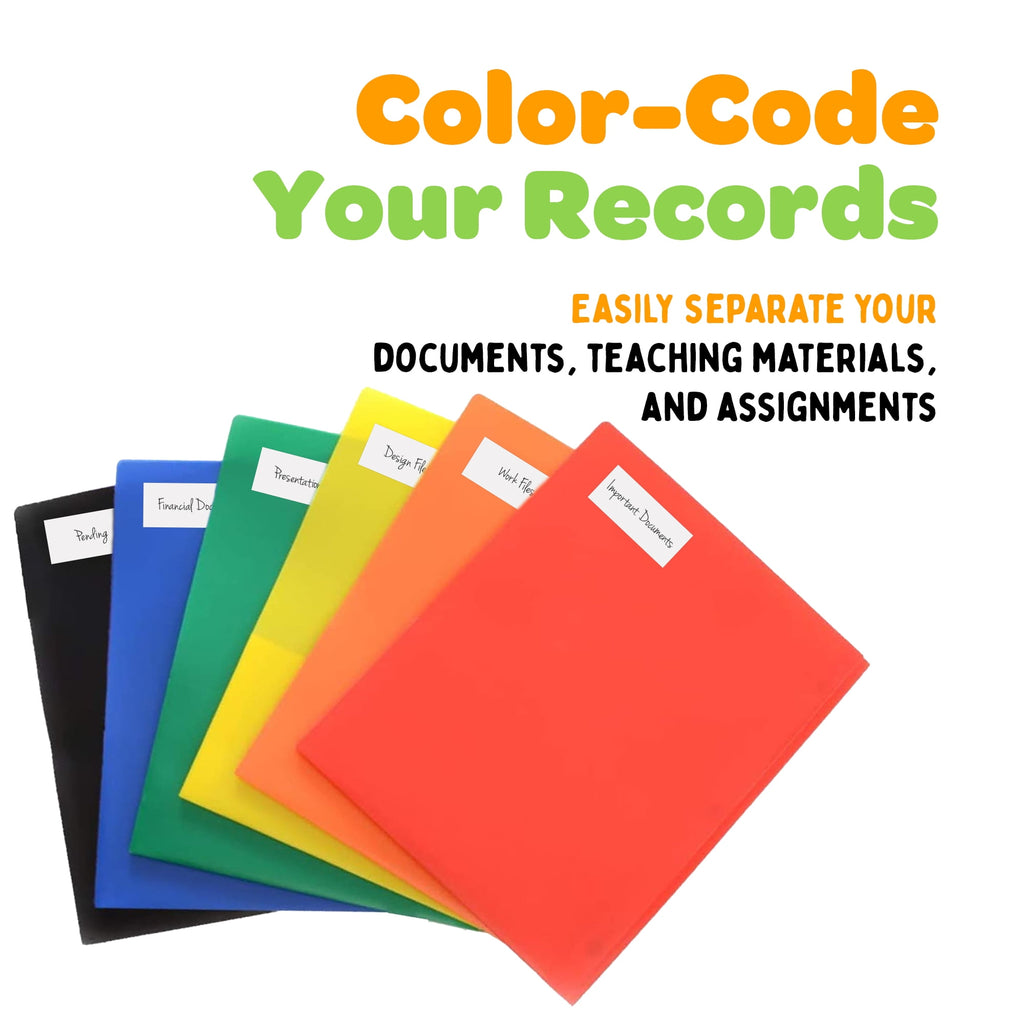 2 Pocket Multicolor Plastic Folders with Prong Fasteners, Black, Red, Green, Blue, Yellow, Orange, 6 Pack Plastic Folders