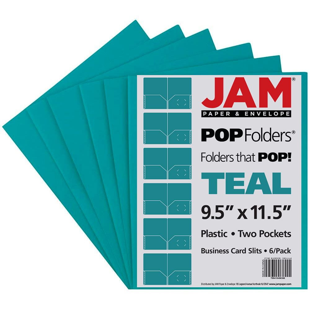 JAM Paper Plastic 2 Pocket School POP Folders, Teal Blue, 6/Pack