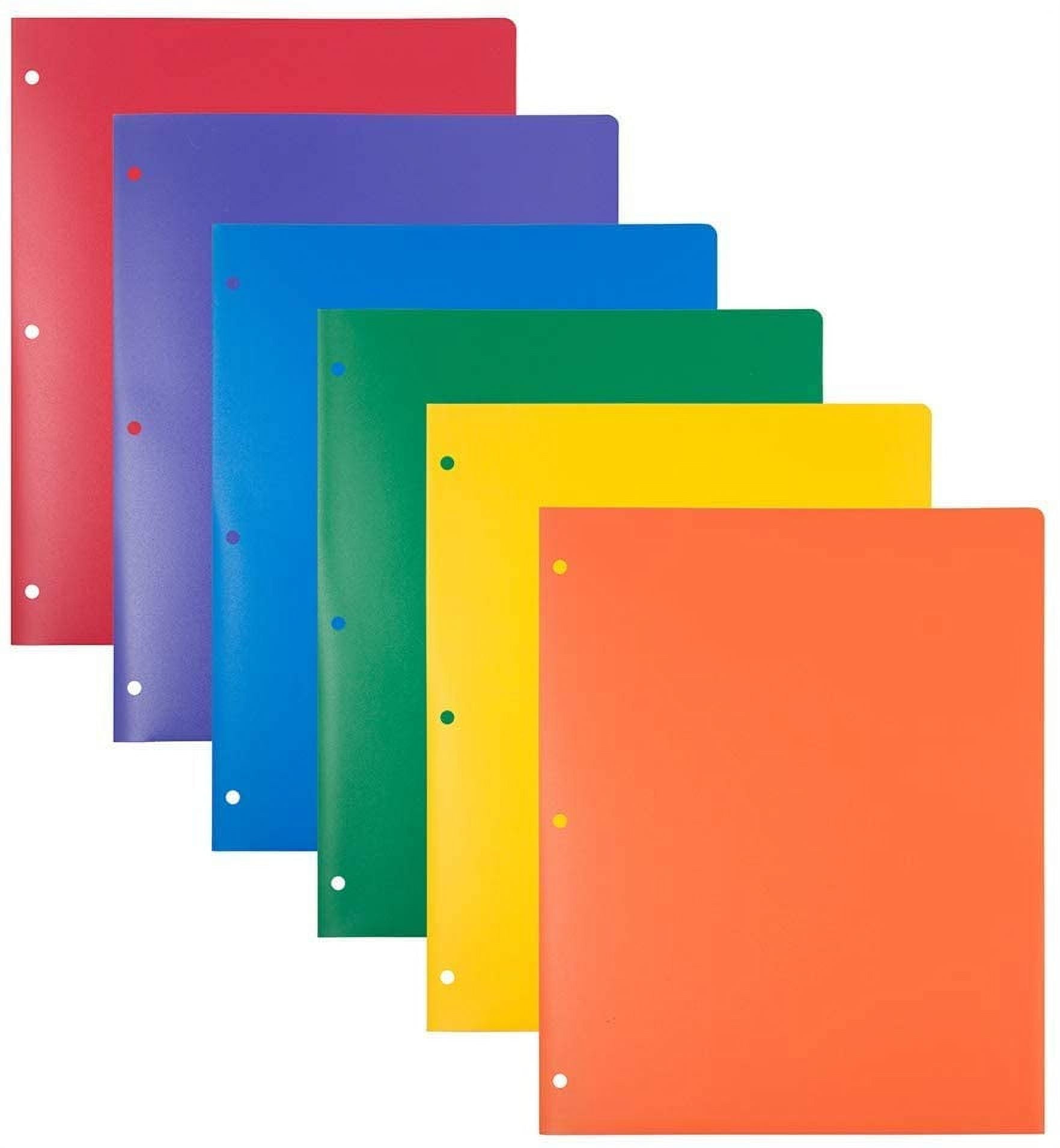3 Hole Punch Pocket Folders,with Heavy Duty Plastic 2 Pockets Folders,Assorted Primary Colors - 6/Pack.