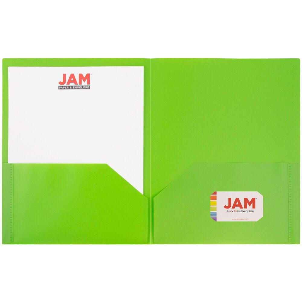 JAM Paper Plastic 2 Pocket POP Folders, School Folders, Lime Green, Bulk 144/Box